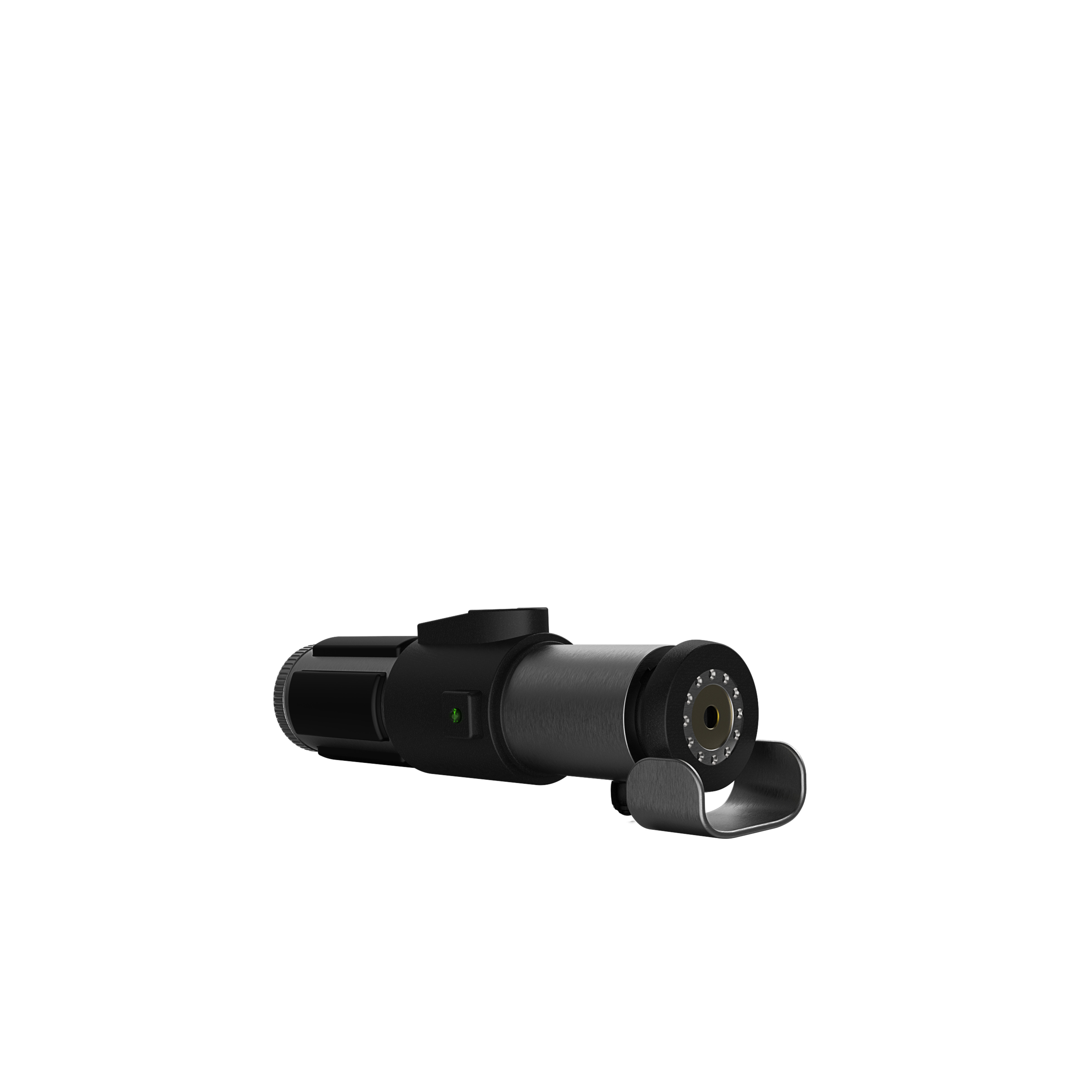 Kamera samochodowa, czarna, cylindryczna, z klipsem montażowym i obiektywem, na białym tle.