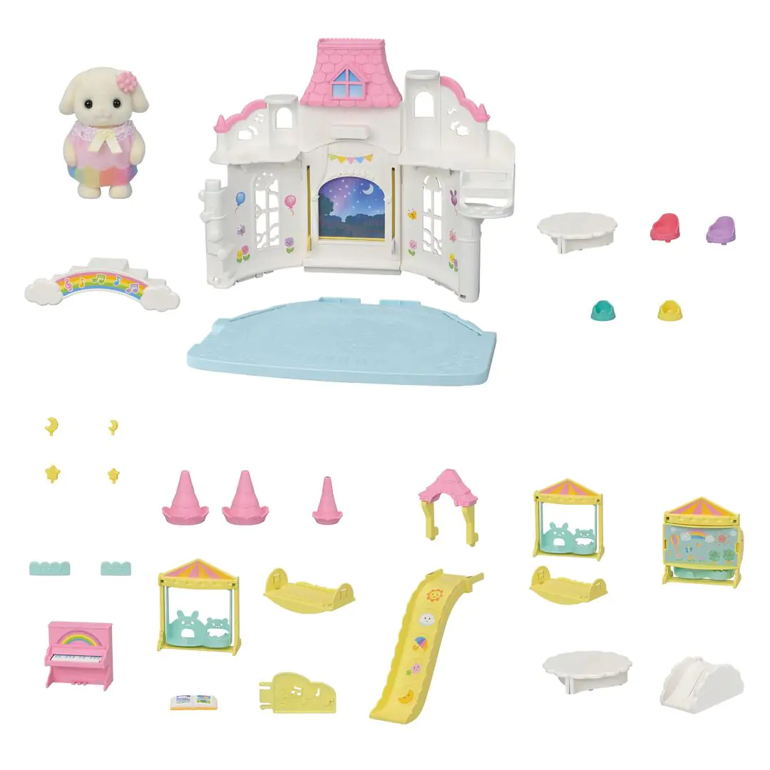 Juego de juguetes incluye una casa, una figura de conejo, un arcoíris y equipos de juego.