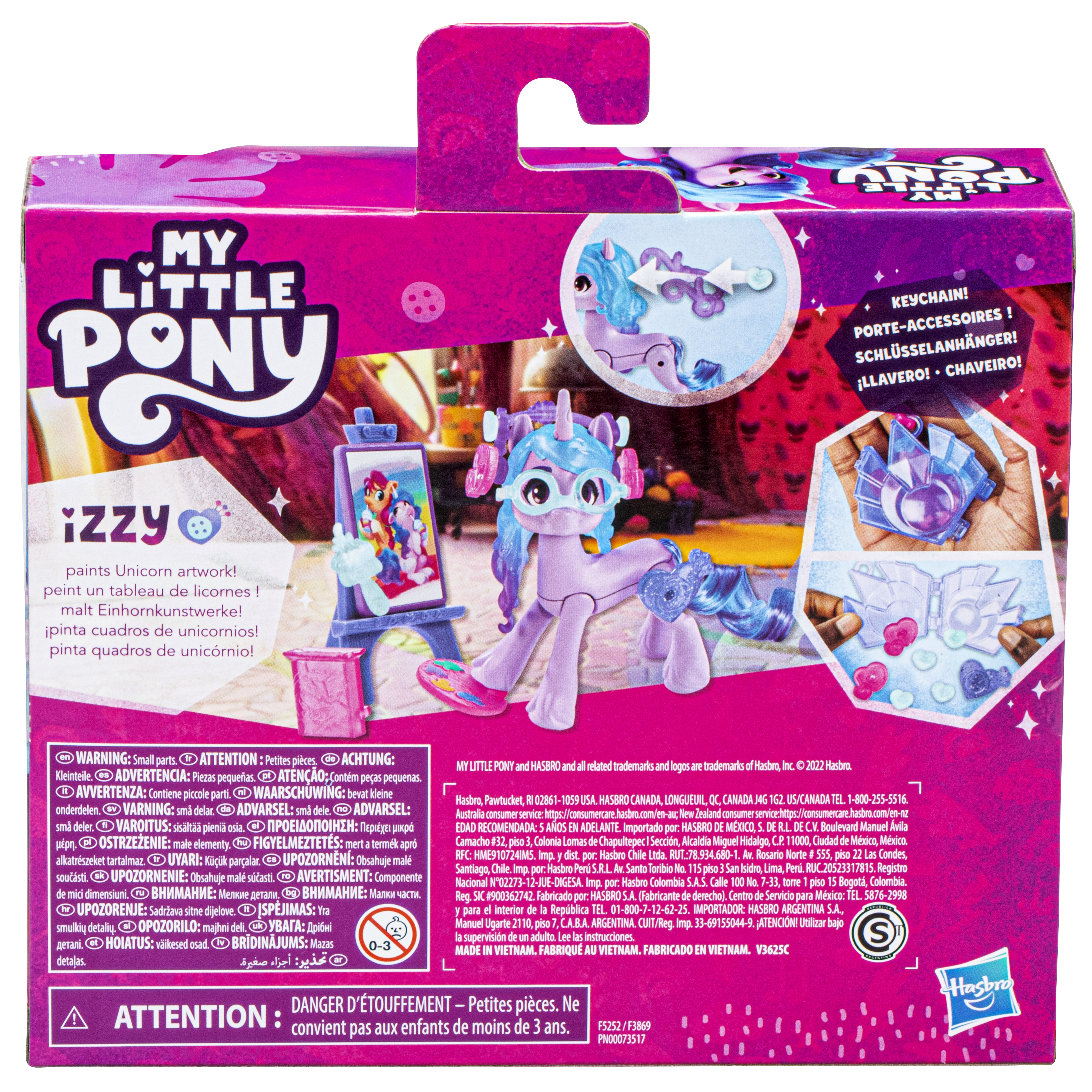 Scatola dei giocattoli My Little Pony che mostra un pony con accessori e il testo 'Izzy points unicorn artwork'.