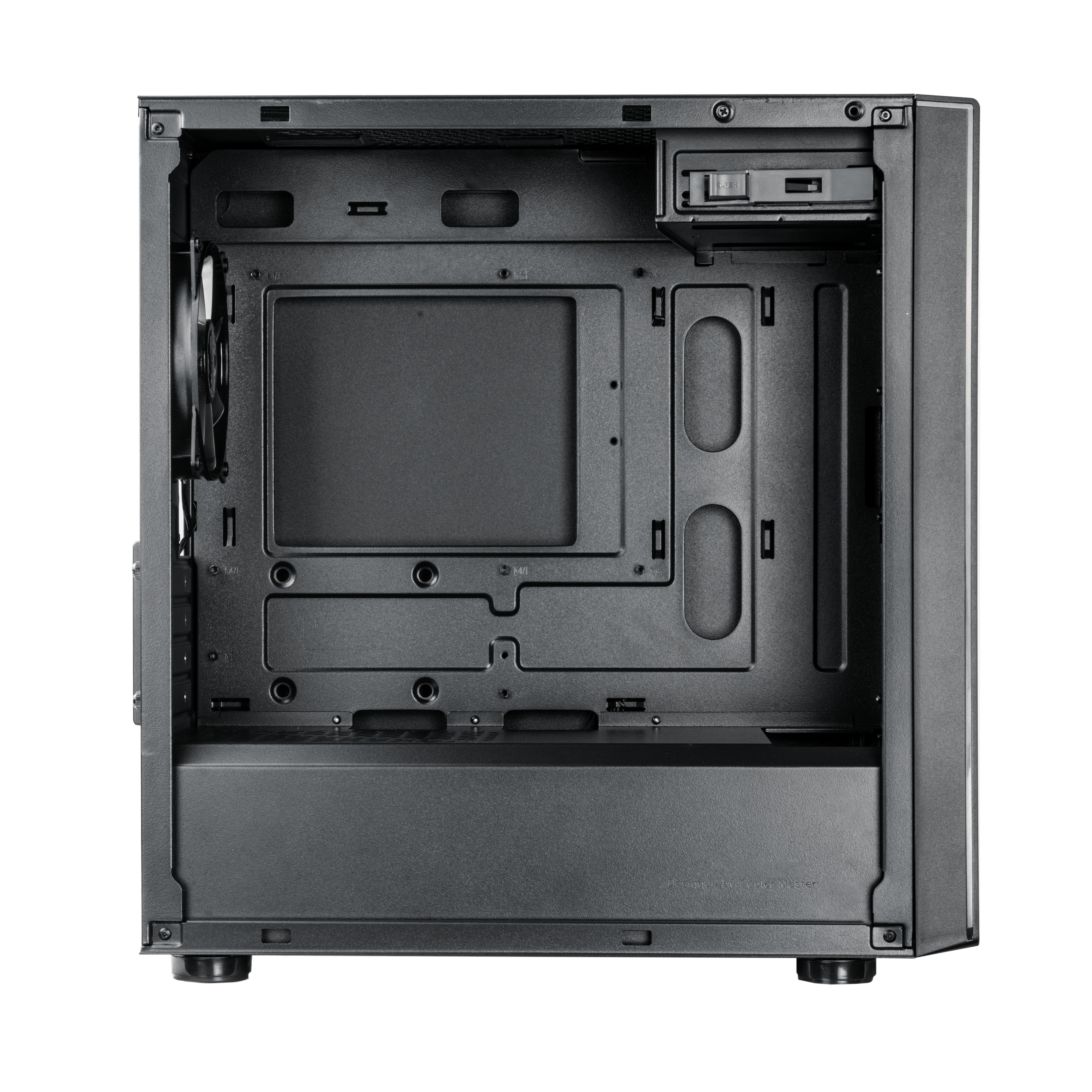 Black computer case with open side showing interior components.