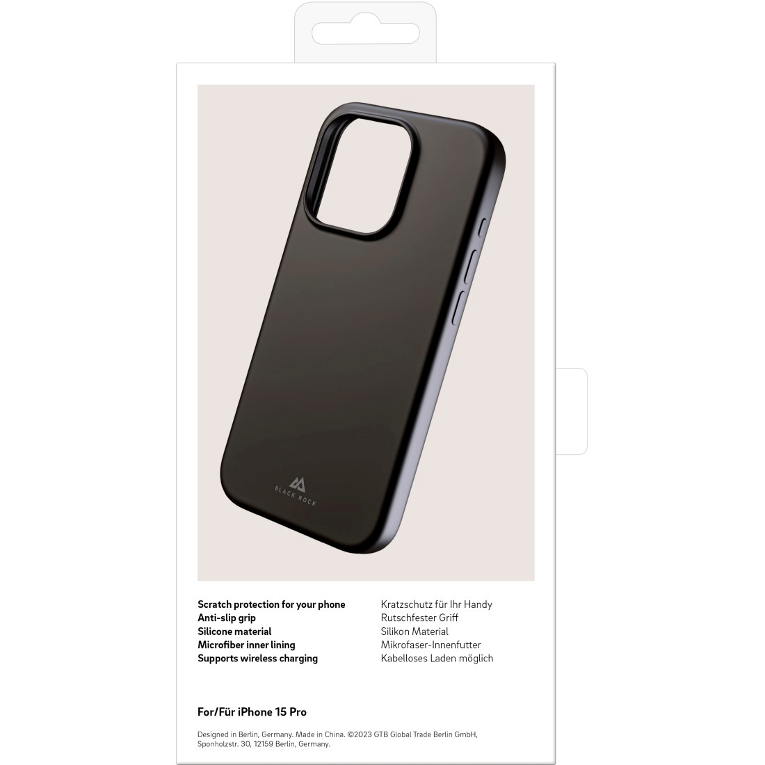 Custodia nera per telefono in scatola.  Antiscivolo, silicone e ricarica wireless.