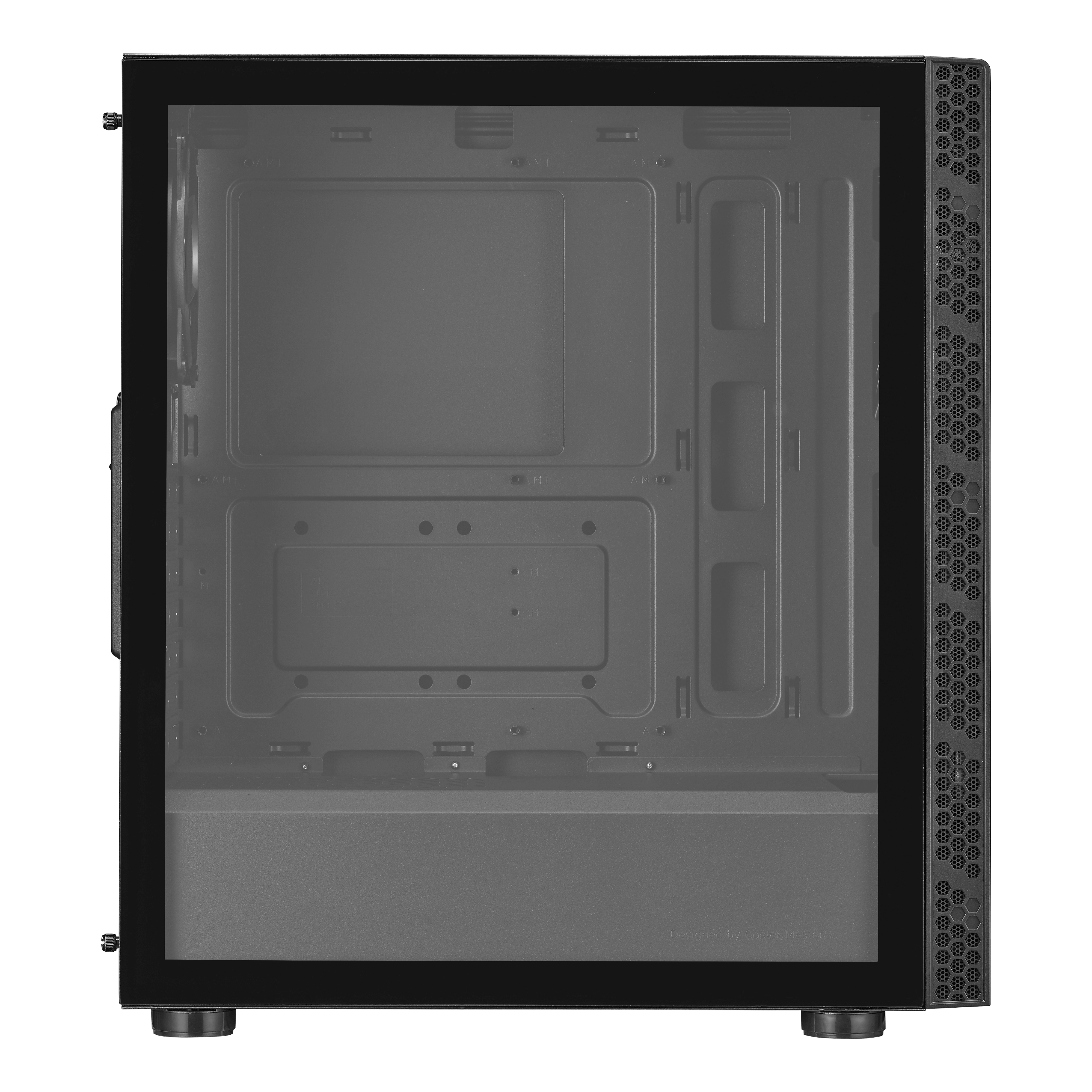 Schwarzes Computergehäuse mit transparentem Seitenteil, Innenansicht.