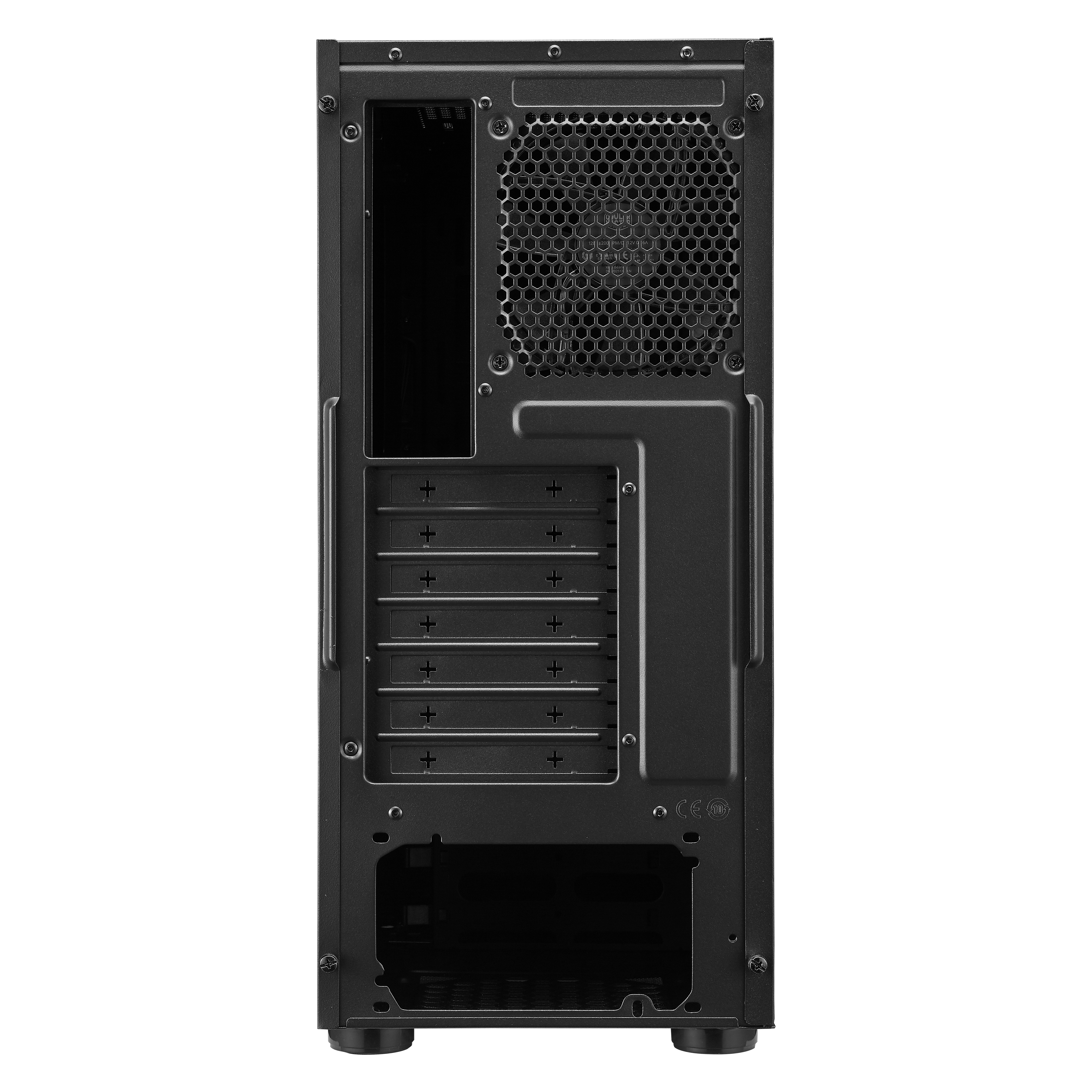 Die Rückseite eines schwarzen Computergehäuses mit verschiedenen Öffnungen für Komponenten.