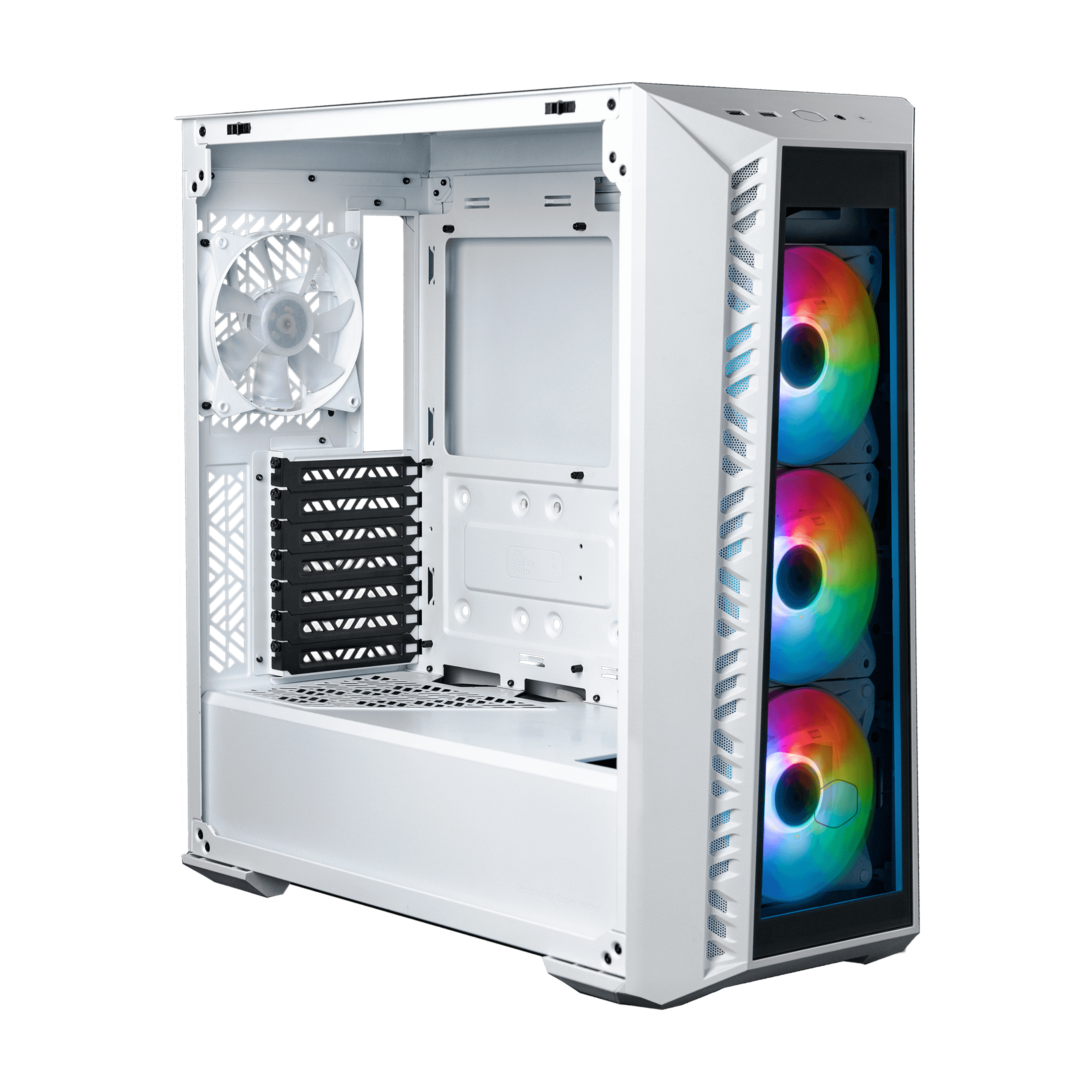 A white PC case with an open side panel showing three colorful fans and internal components.