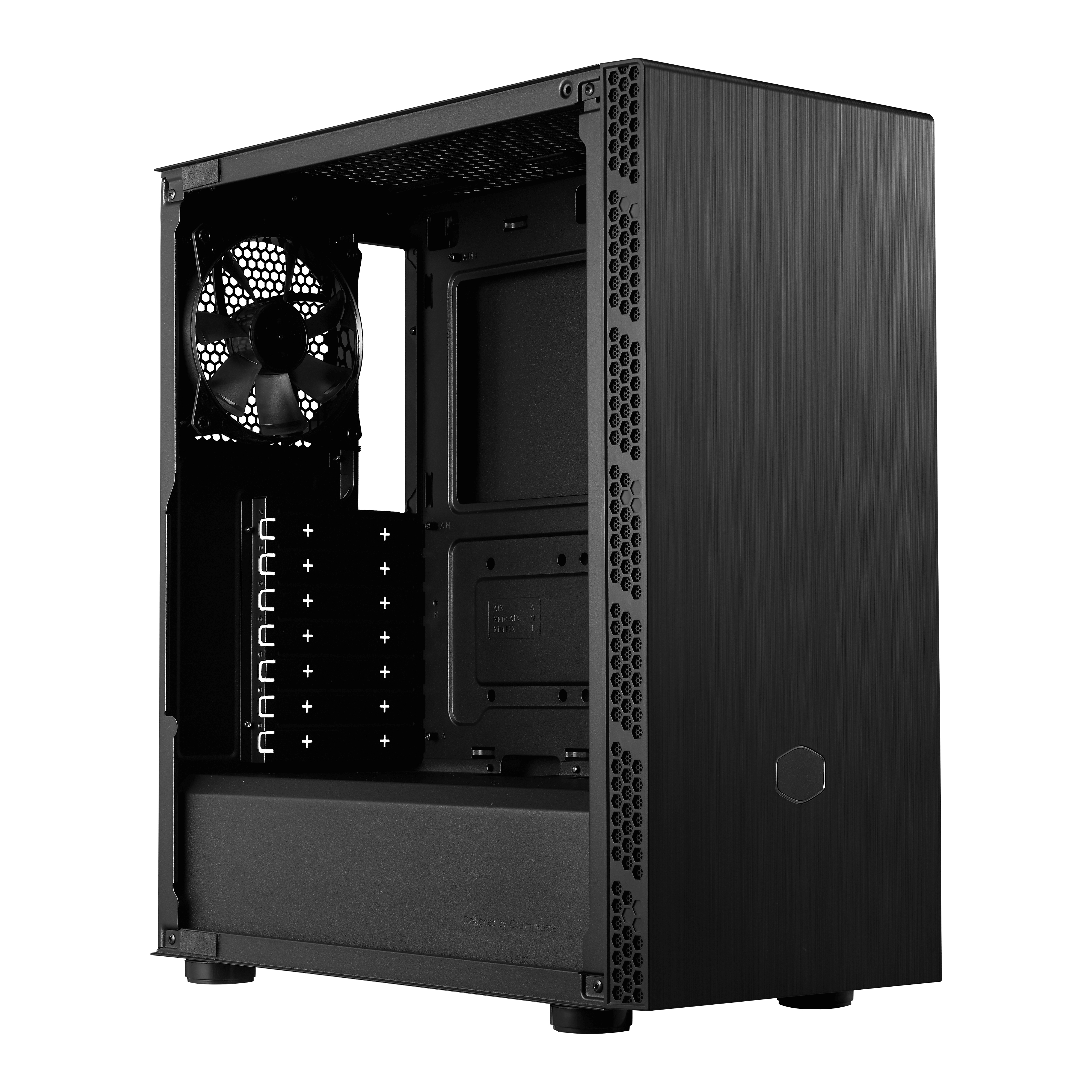 Un case per computer nero con una ventola all'interno è mostrato da un'angolazione laterale.