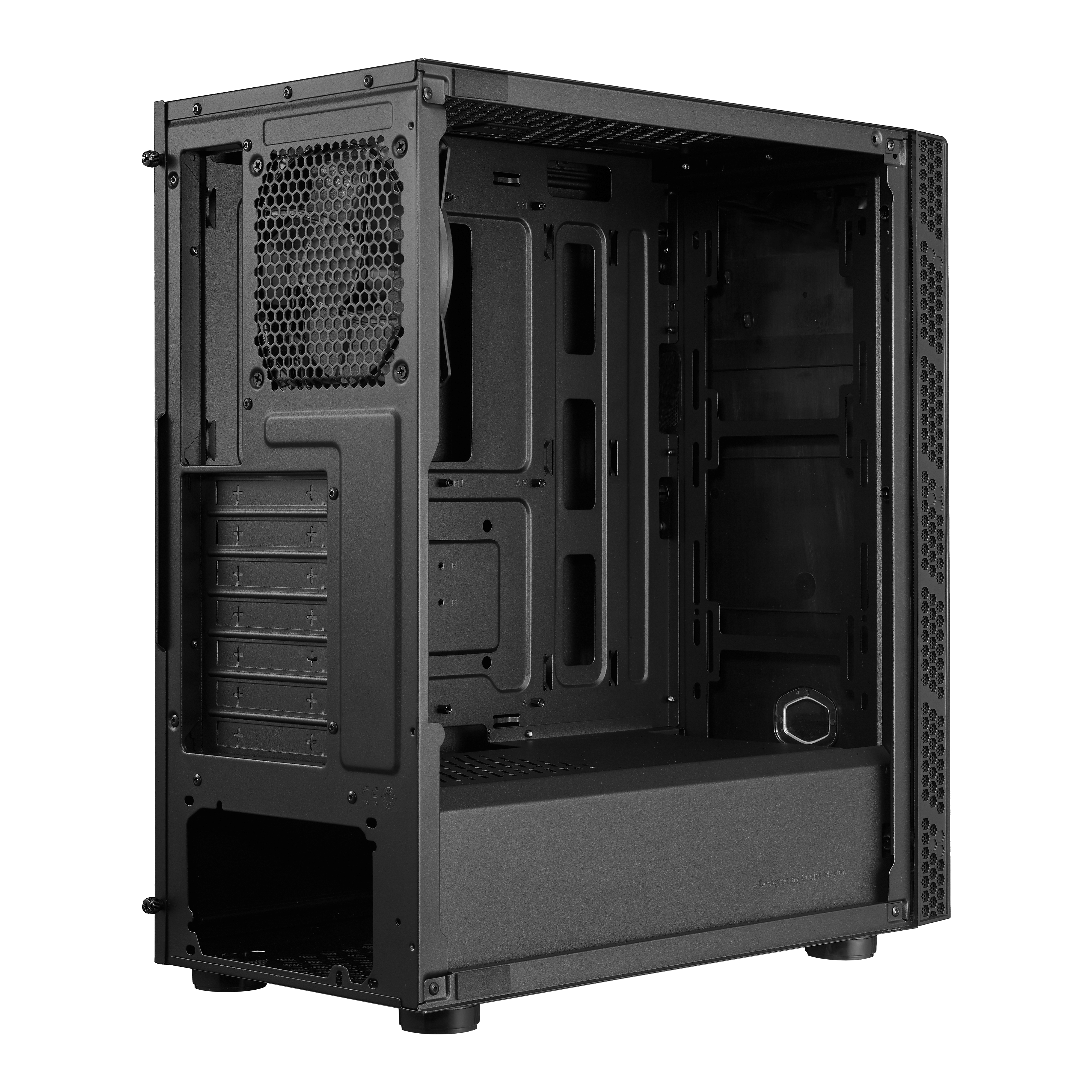 Un case per computer nero aperto con componenti interni visibili. Il pannello posteriore ha un supporto per ventola.
