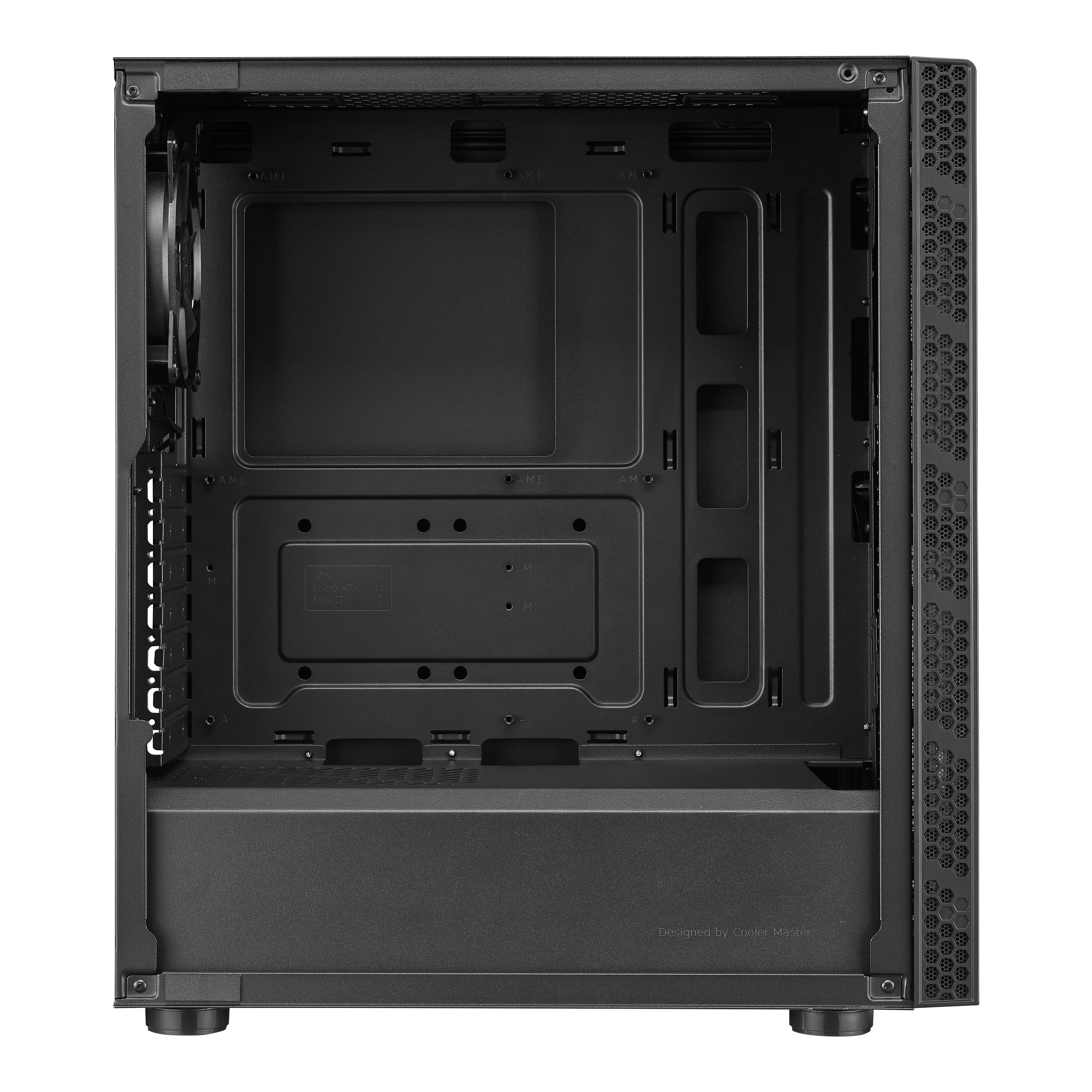 Case per computer nero con interno aperto. Ha una ventola e sezioni per i componenti, su bianco.
