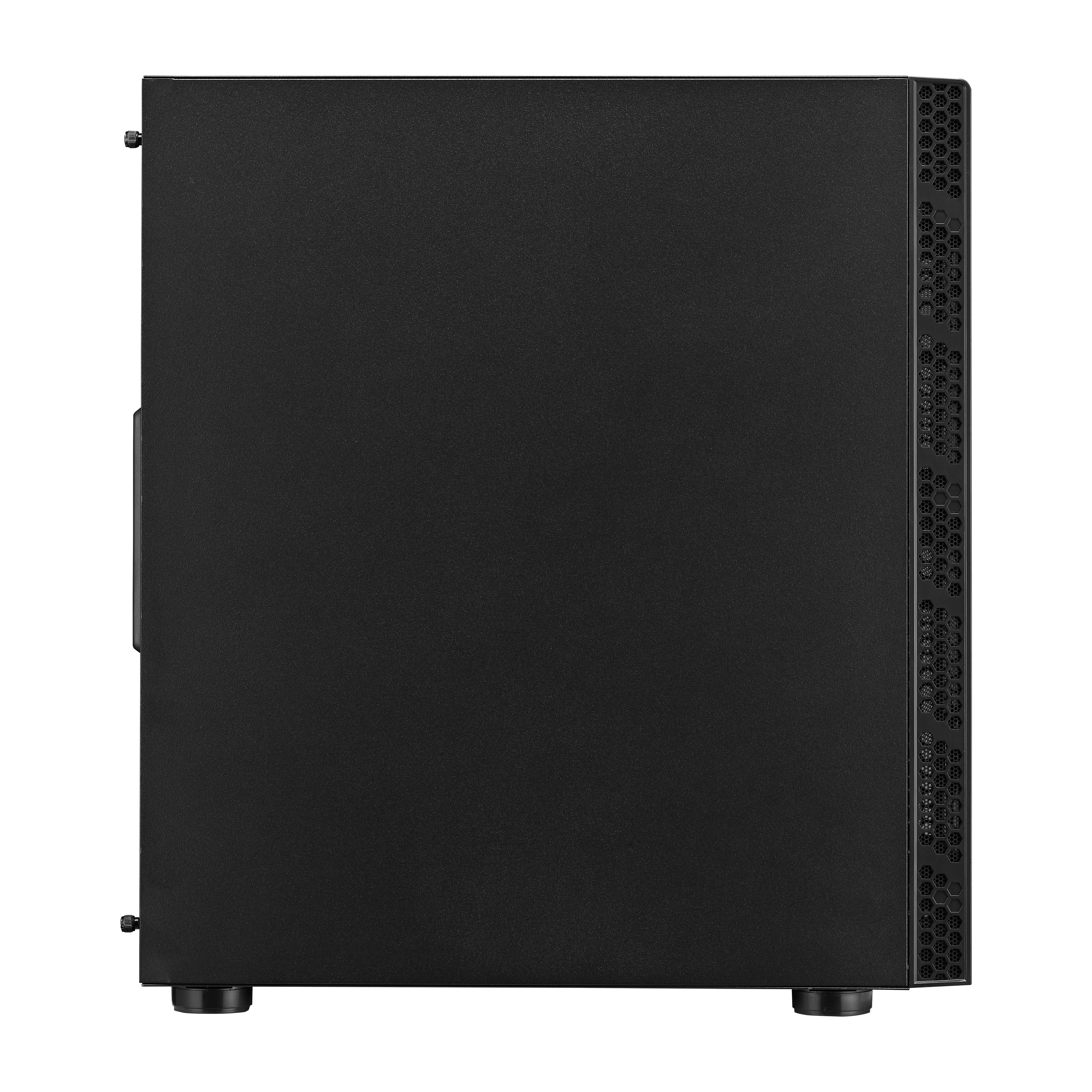 Case nero per computer, vista laterale, con ventilazione e supporto.