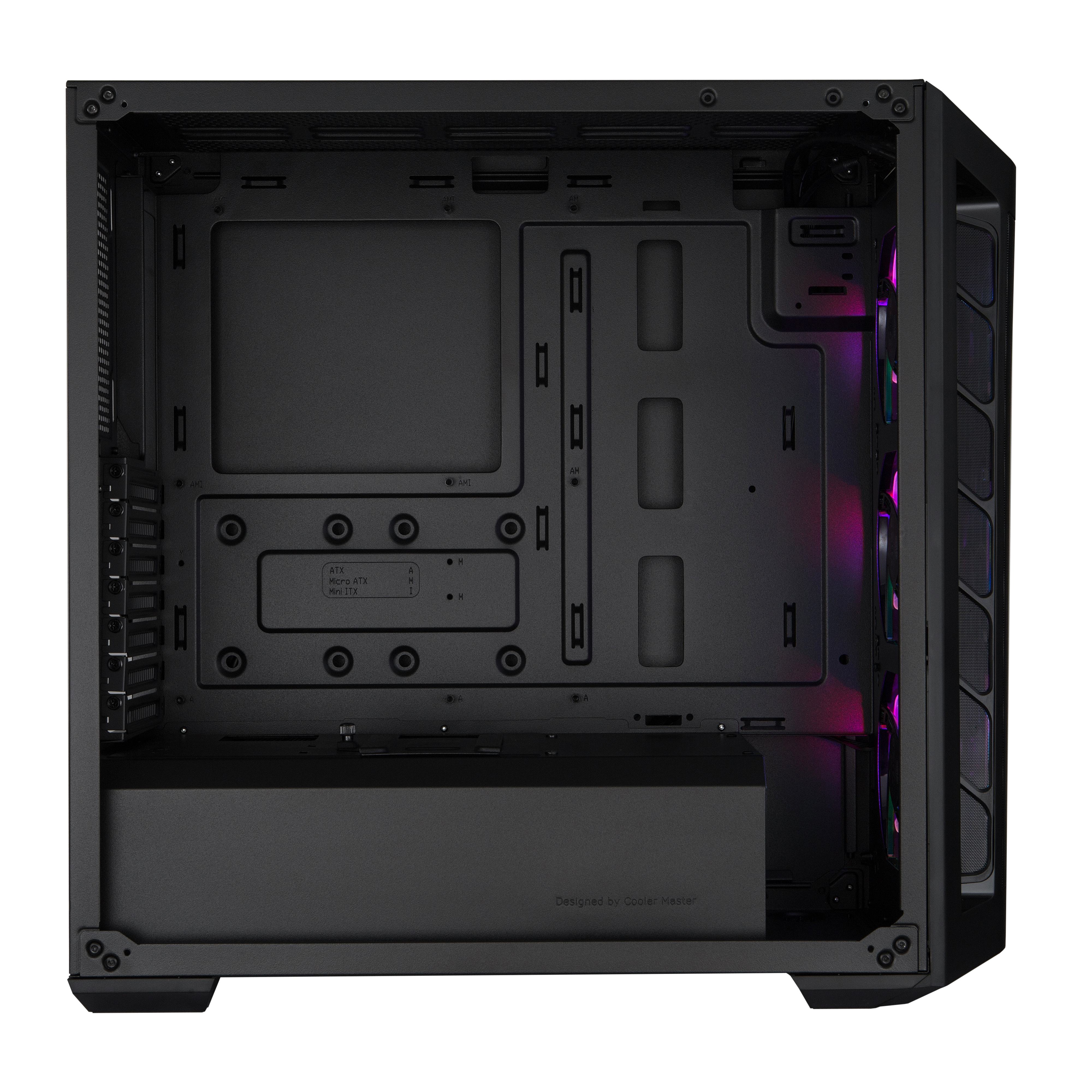 Black PC case interior, designed by Cooler Master.