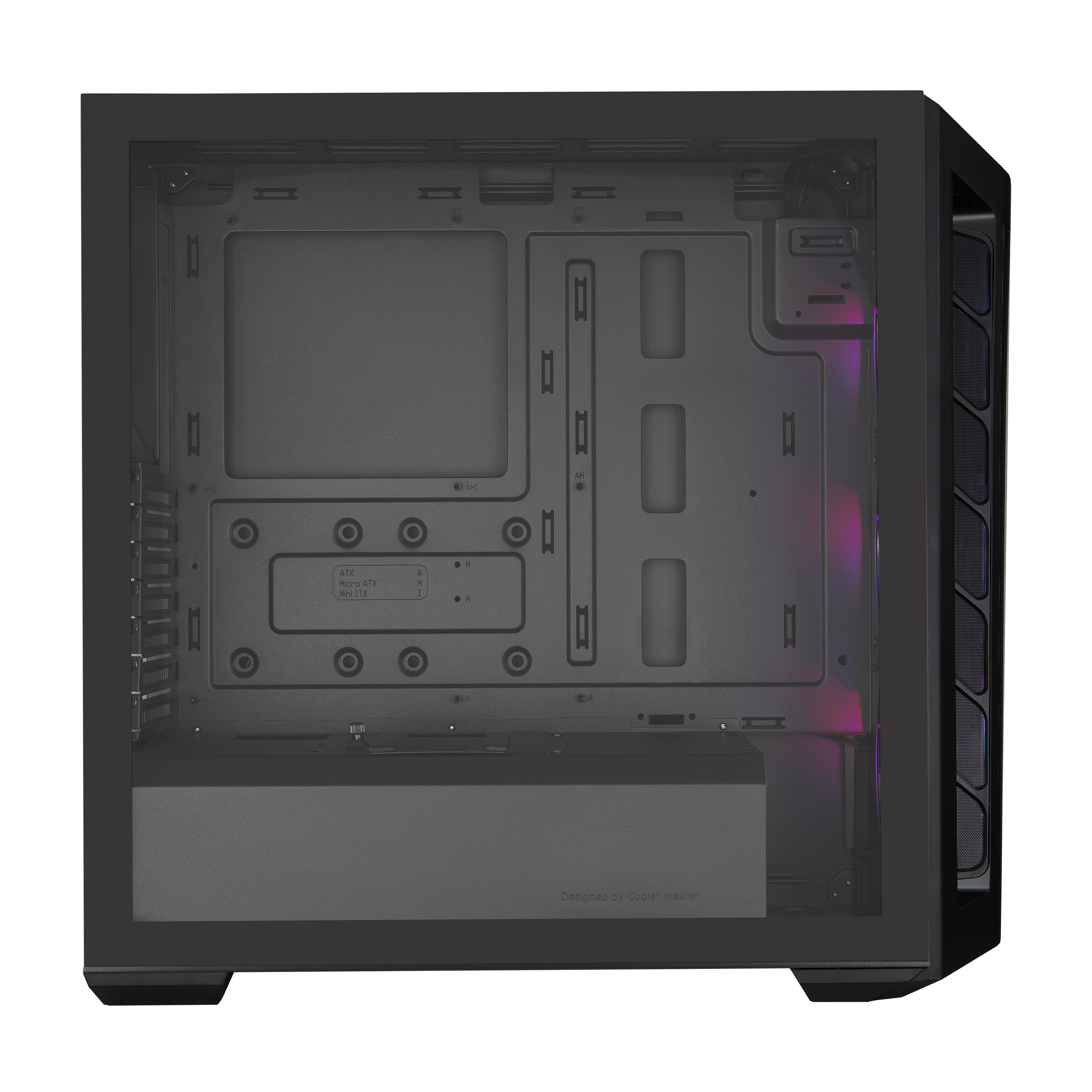 Black computer case with a glass side panel, showing internal components.