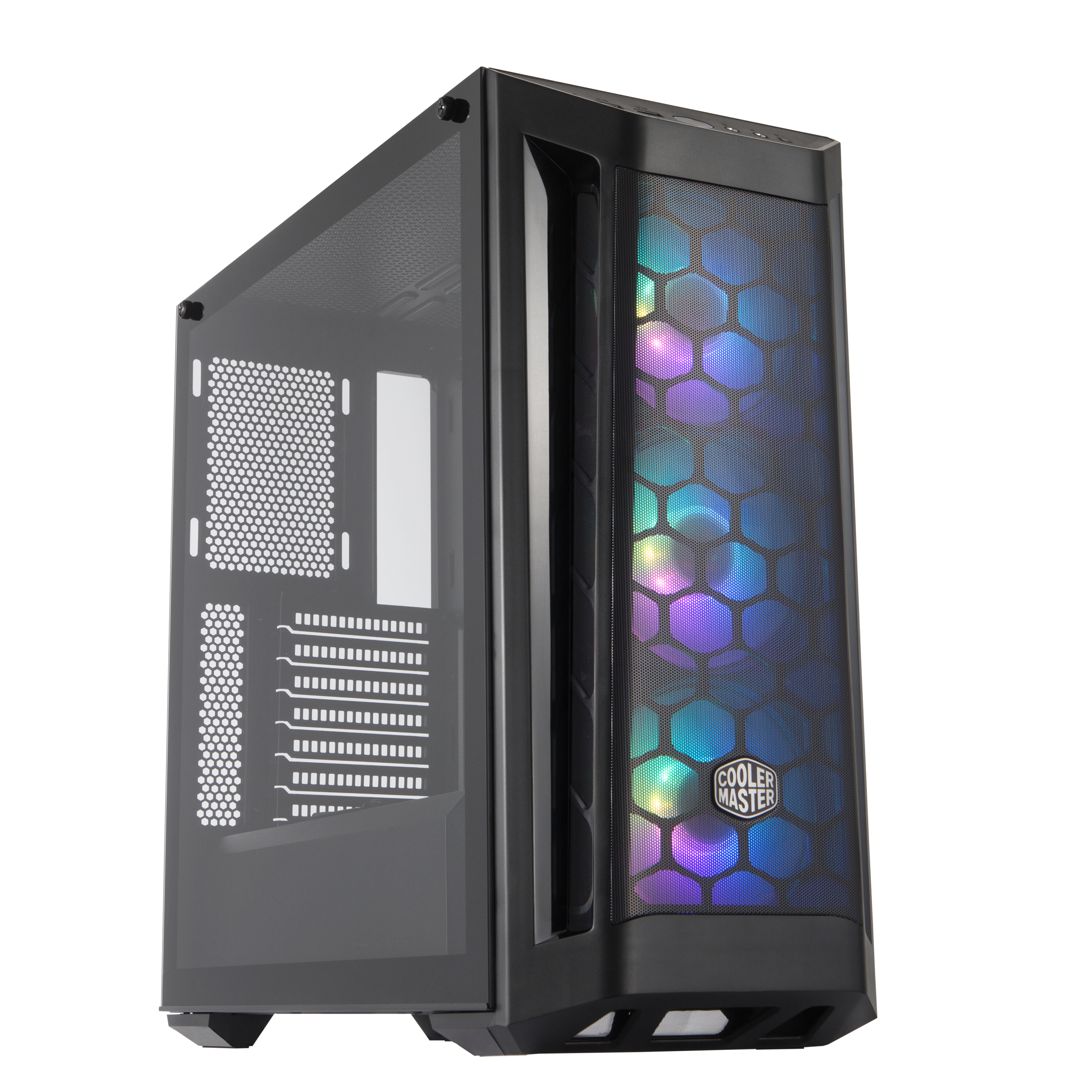 A black Cooler Master computer case with a glass side panel and RGB lighting.