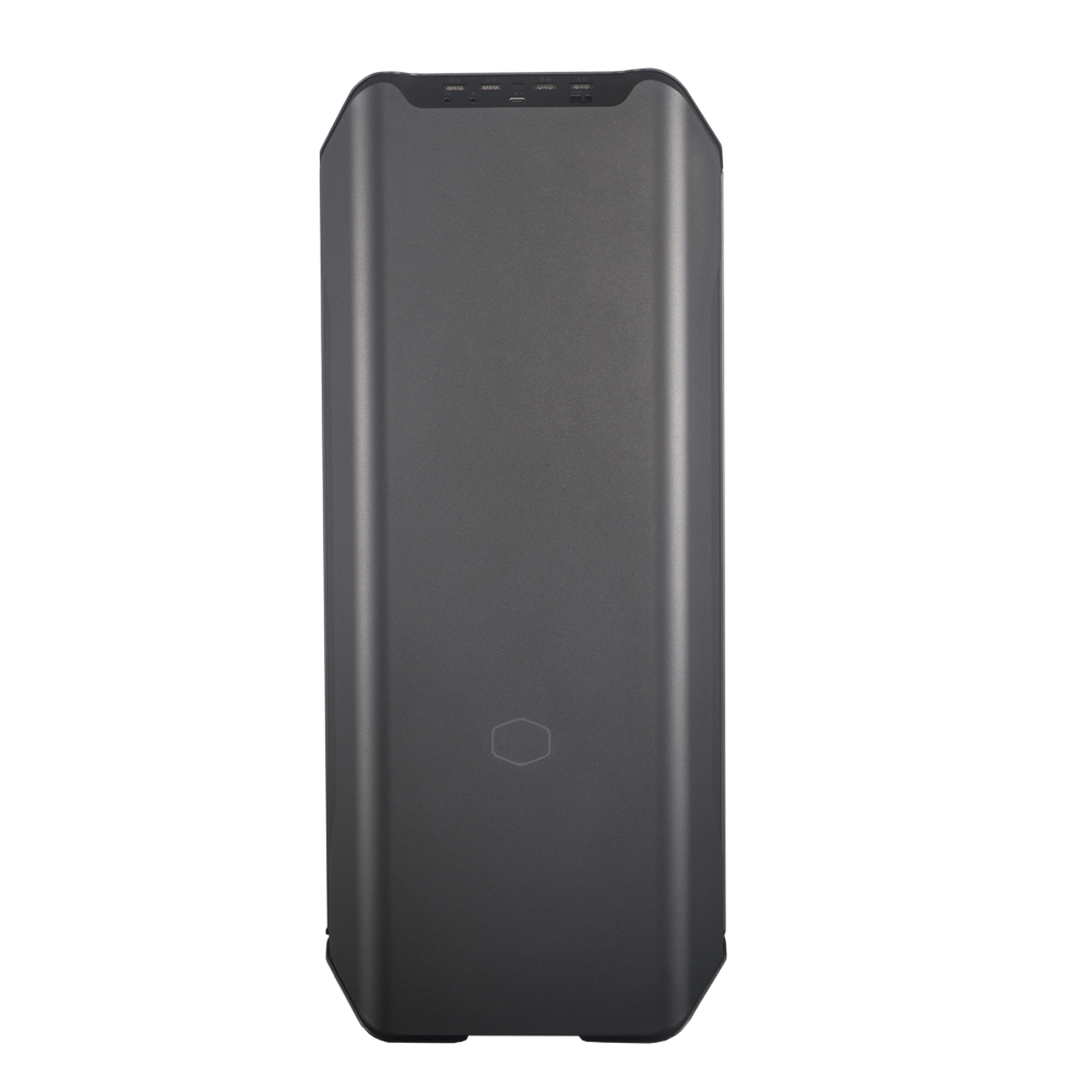 A dark gray computer case. It's a tall, rectangular shape with a black top and bottom.