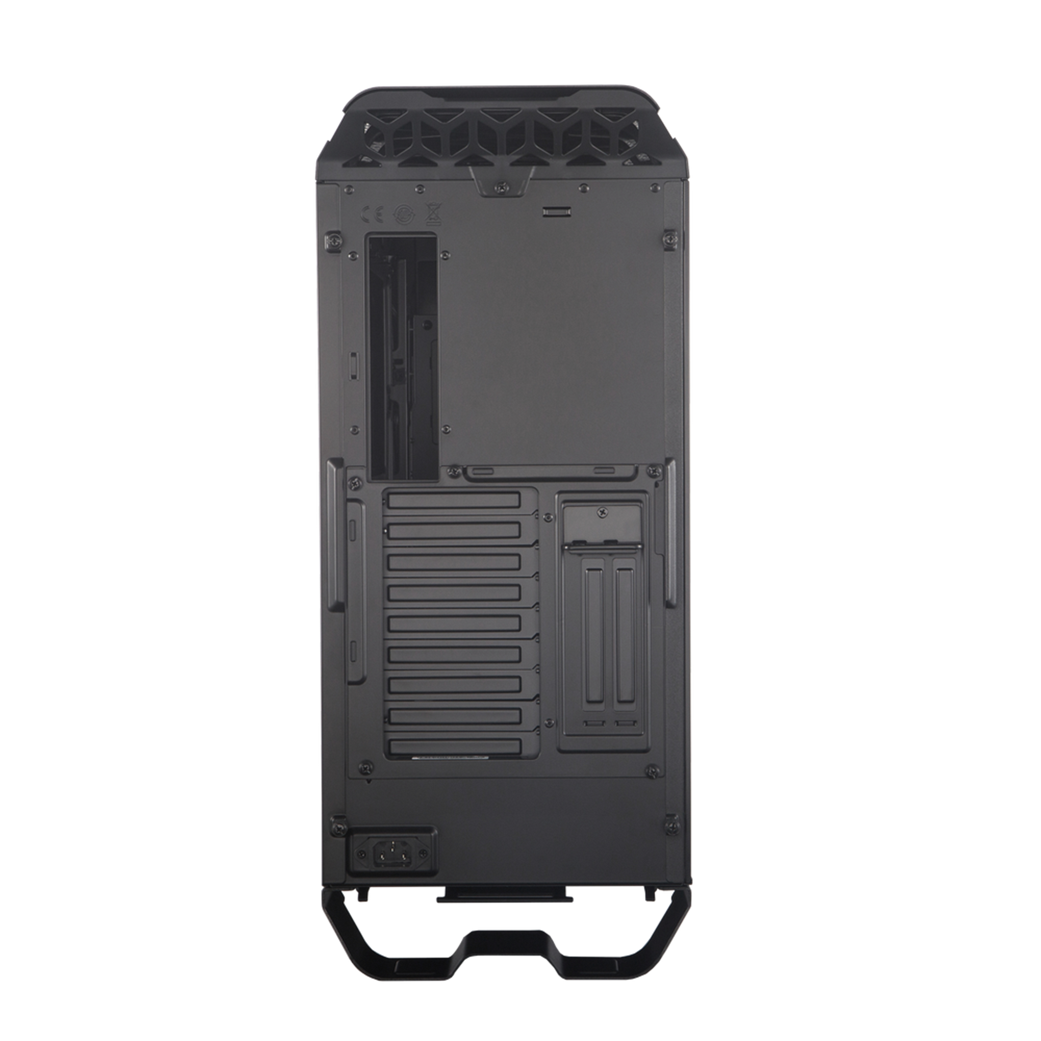 Back of a black computer case. It has various openings for components and a power supply port.