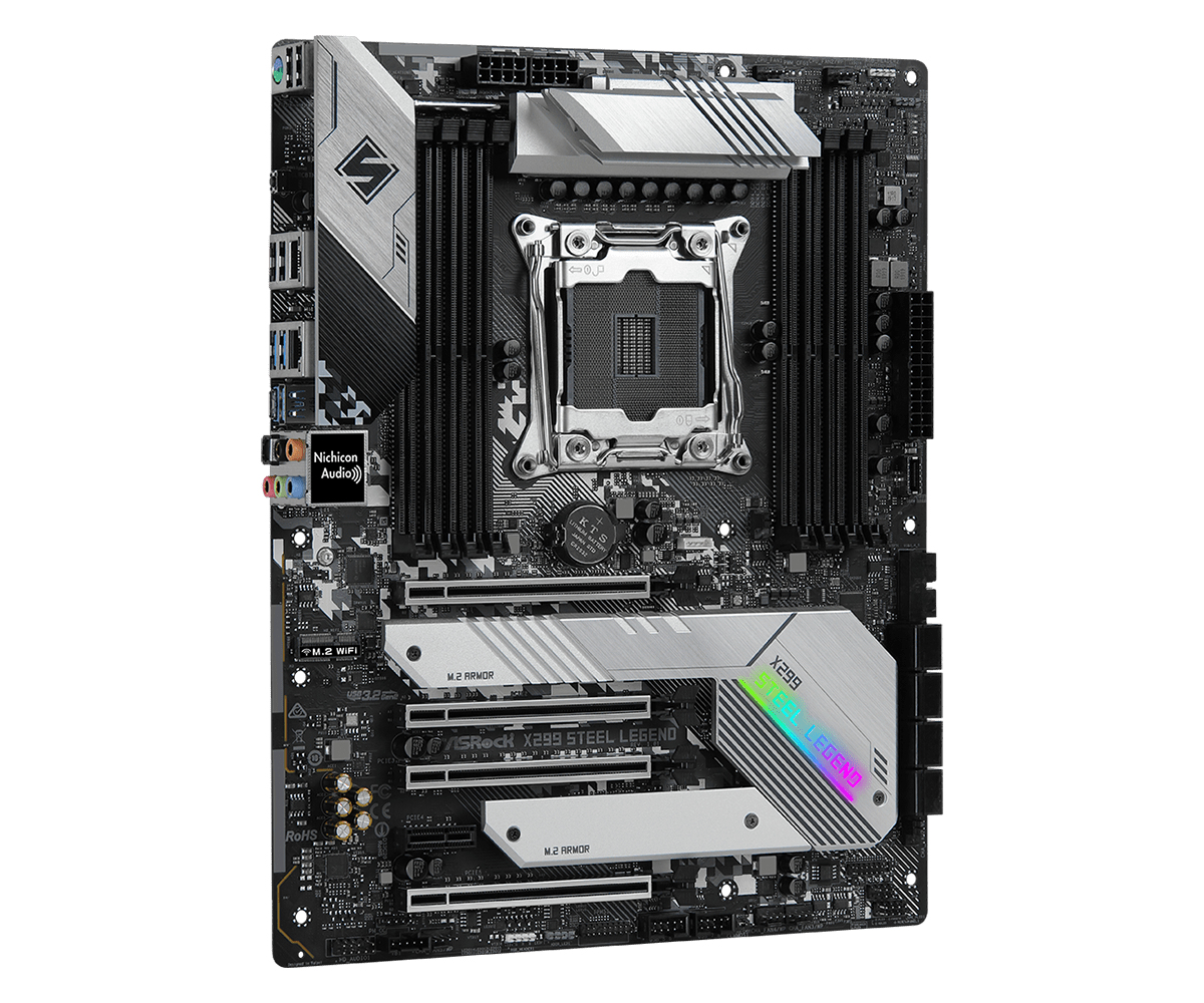 Motherboard, schwarz, silber. Text: ASRock X299 Steel Legend. Komponenten sichtbar. Weißer Hintergrund.