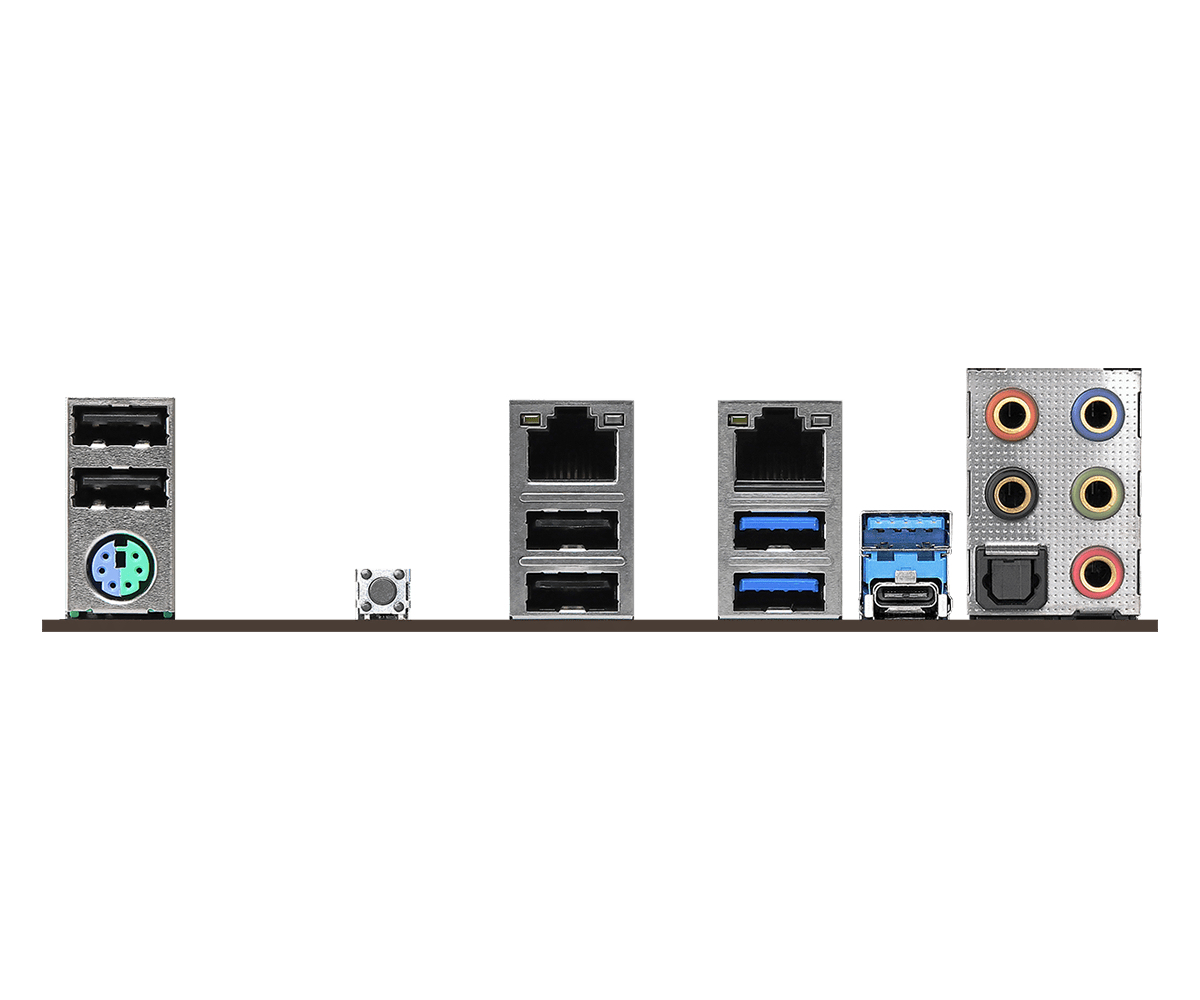 Rückseite eines Motherboards mit verschiedenen Anschlüssen und Steckern.