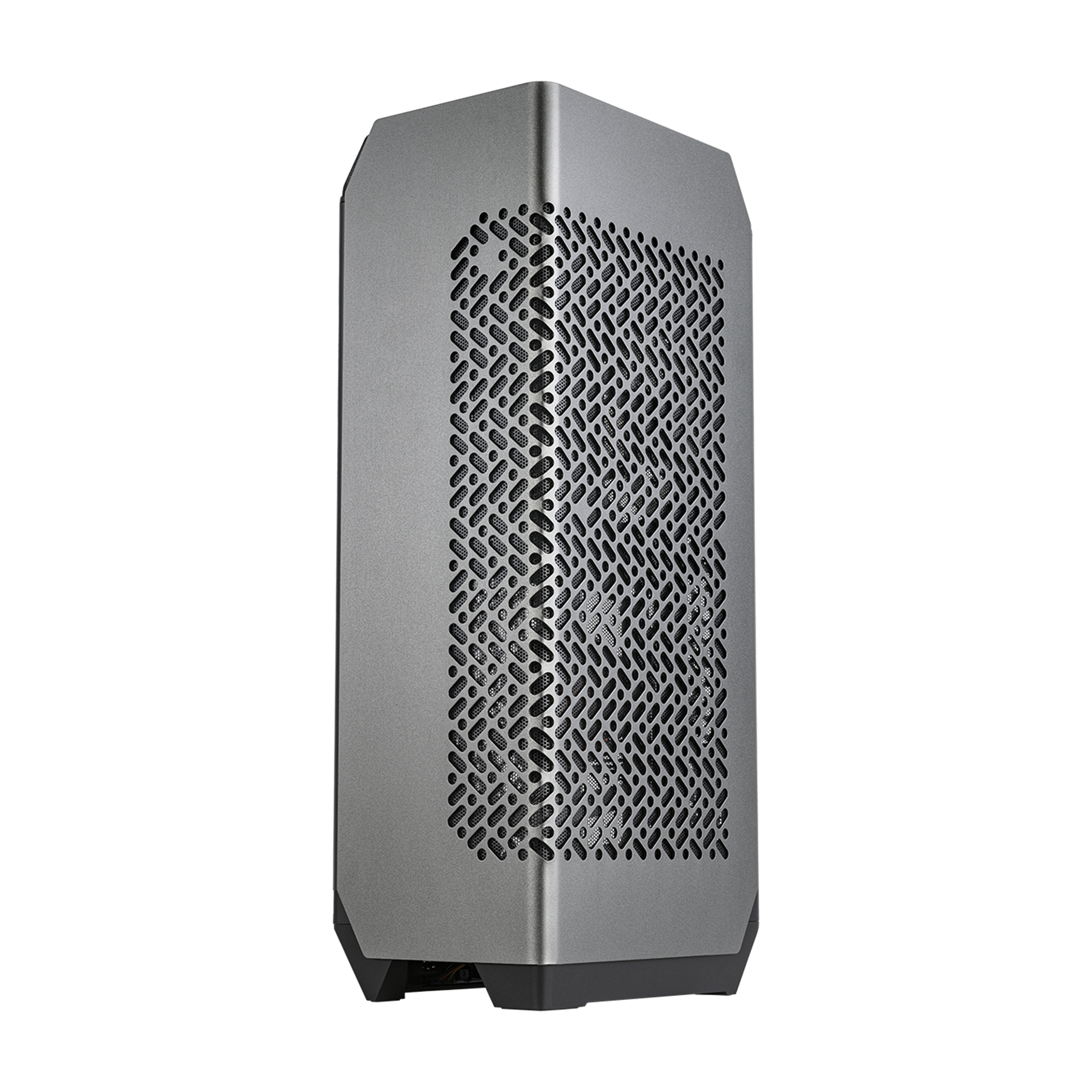 Un case per computer argentato con un pannello frontale perforato. Il case è su uno sfondo bianco.