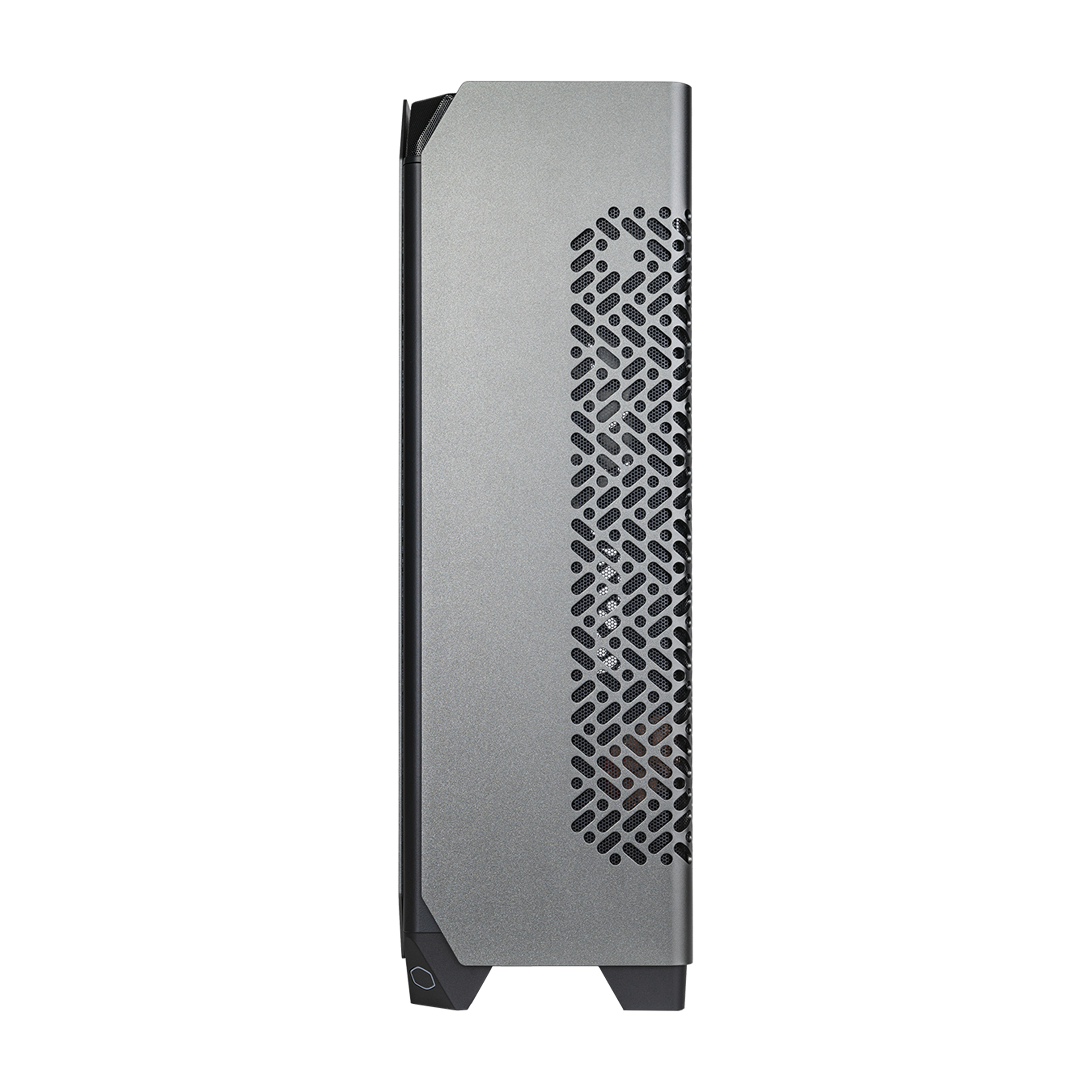 Case per computer argentato con dettagli neri e pannello laterale forato su sfondo bianco.