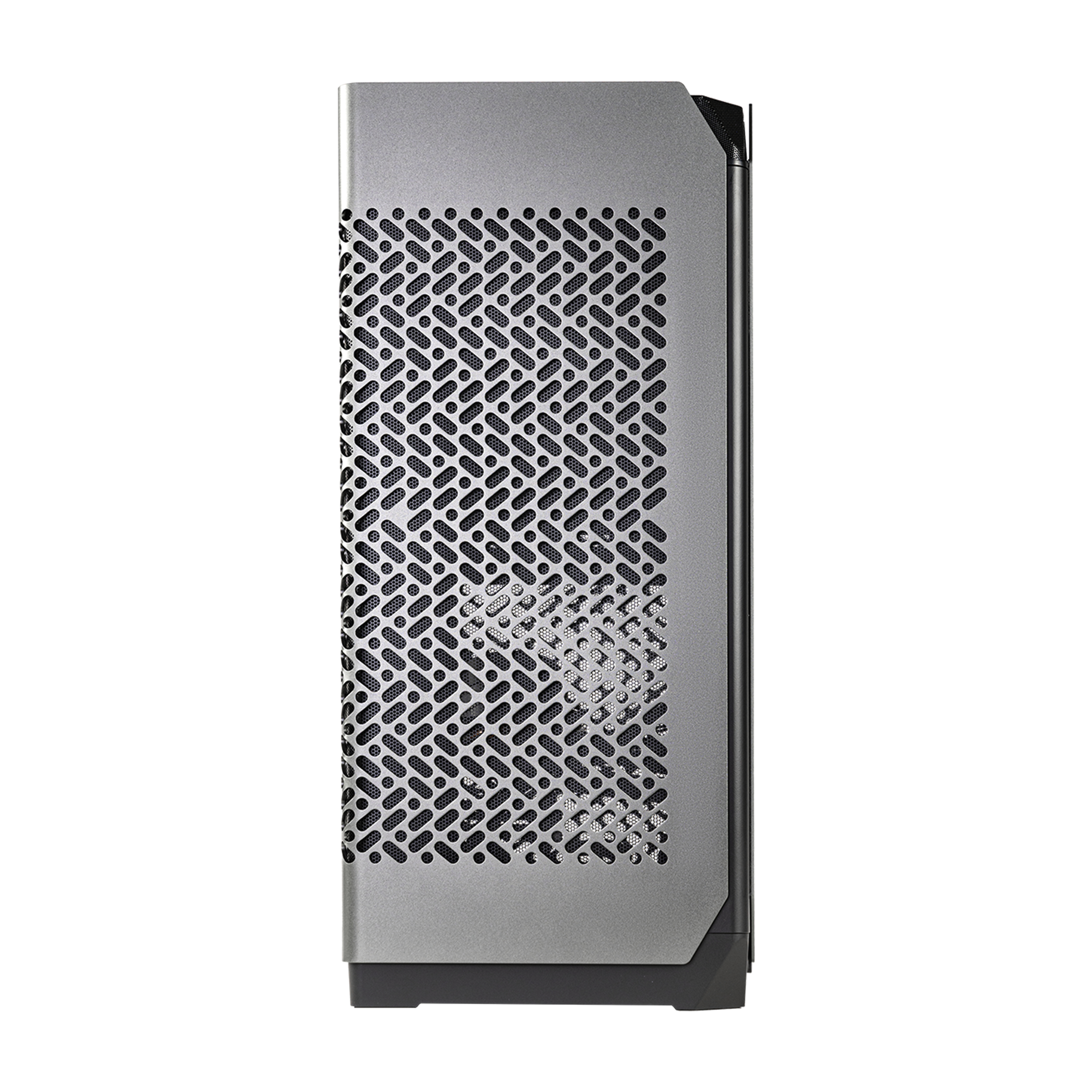 Case per computer grigio con pannello frontale perforato. Il case ha interni neri e si trova su sfondo bianco.