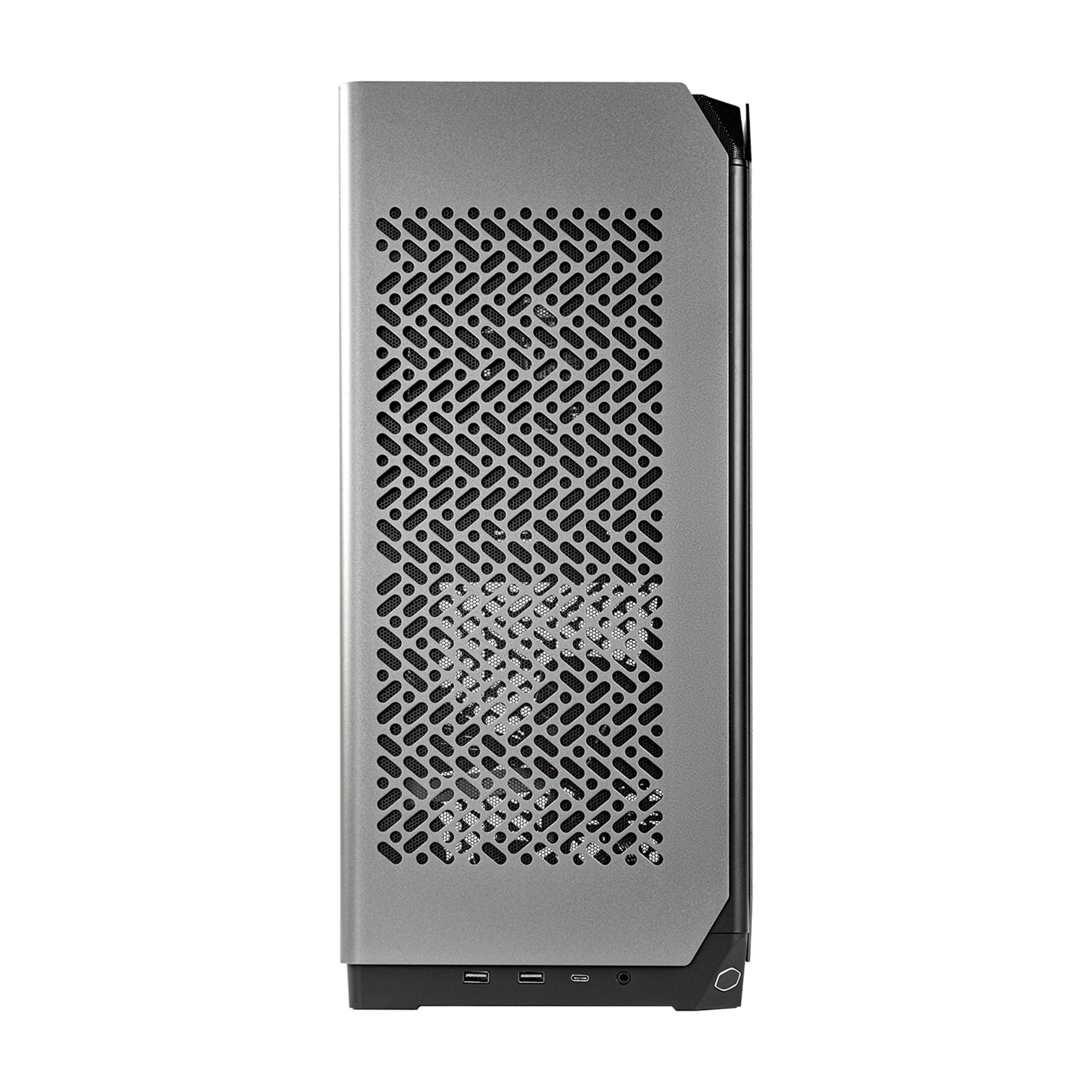 Case per computer argentato, vista laterale, con lato perforato e porte.