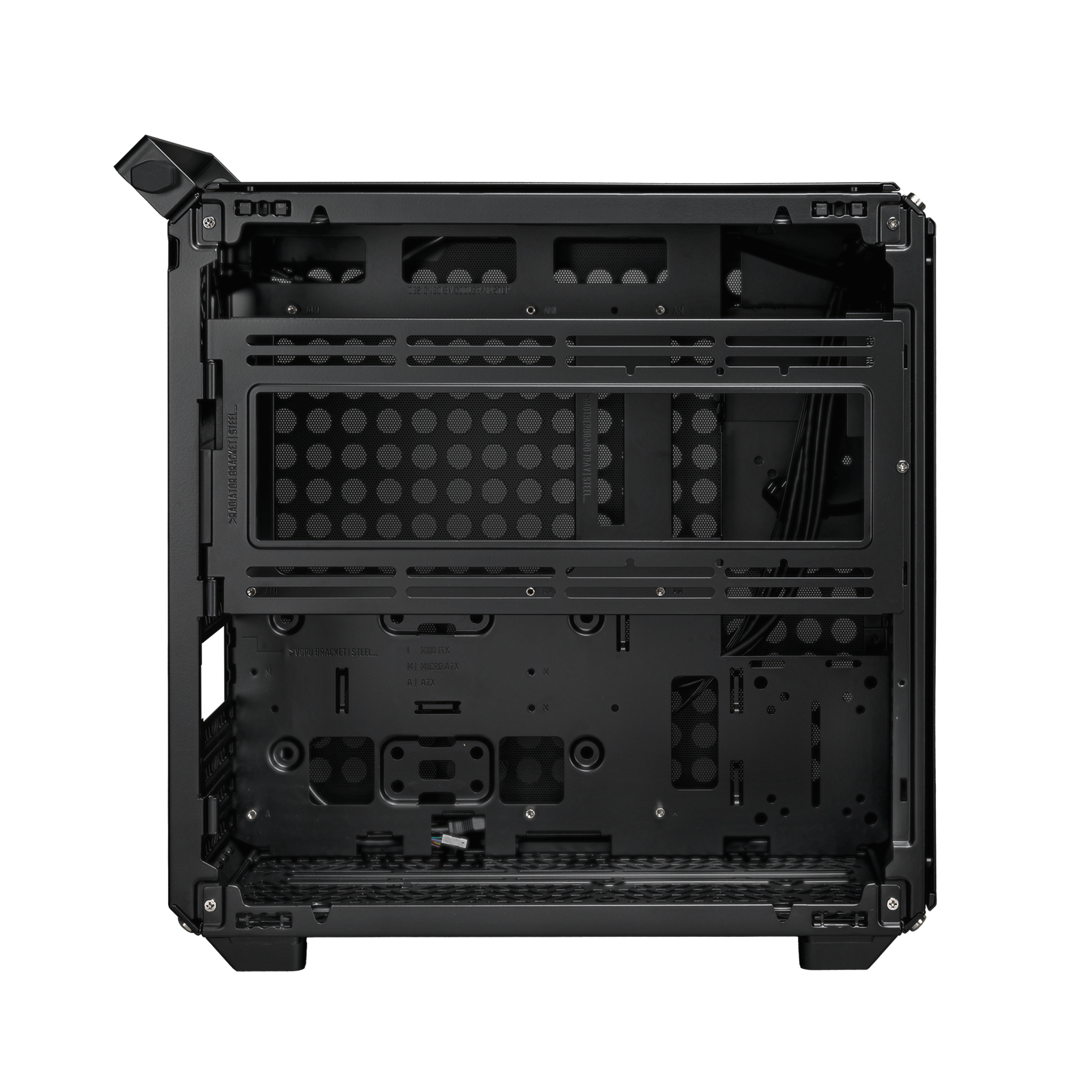 Interno di case per computer nero con vari punti di montaggio.