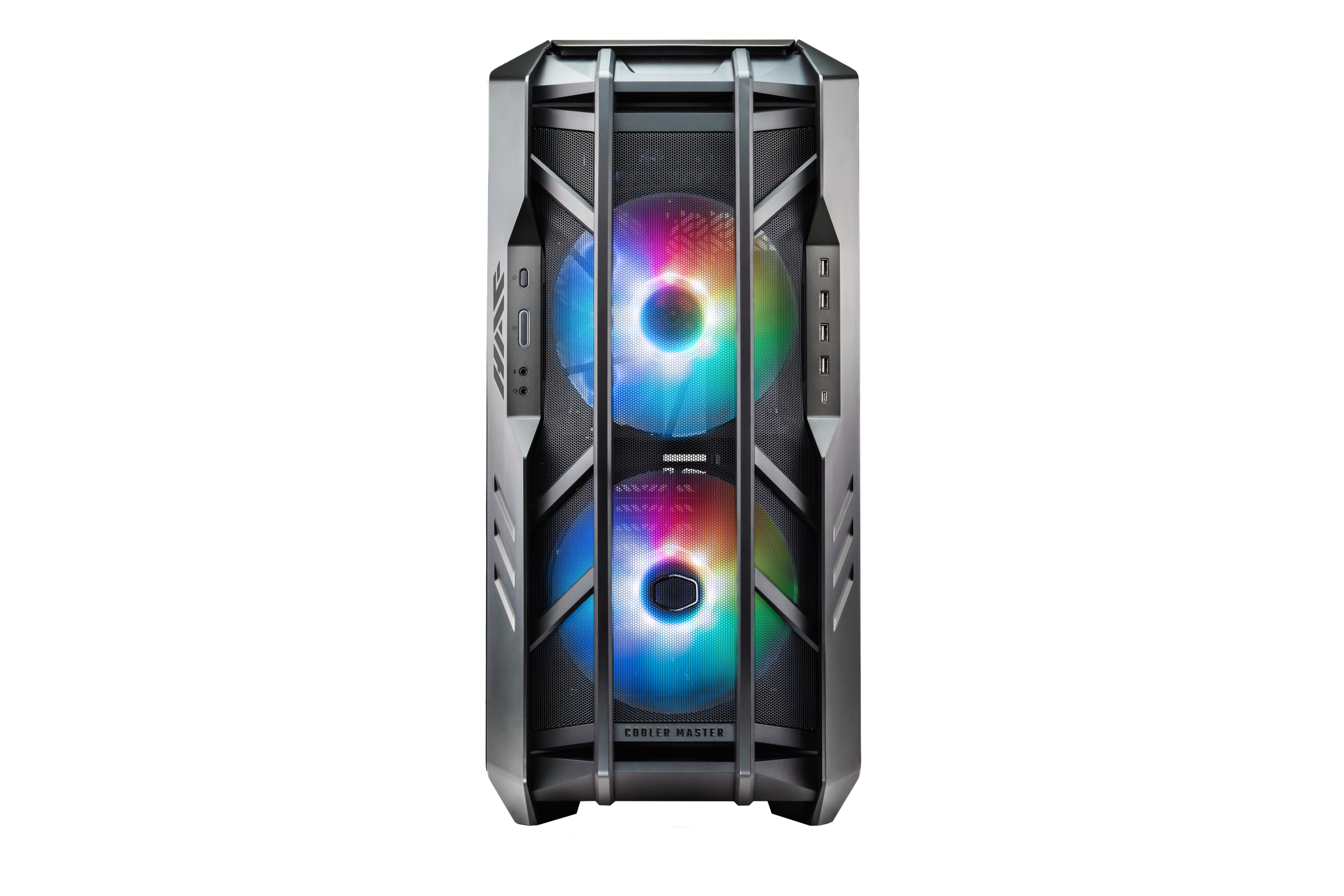 Computergehäuse mit Lüftern und Lichtern. Die Front zeigt zwei beleuchtete Lüfter. Das Gehäuse hat ein schwarzes Innenleben.