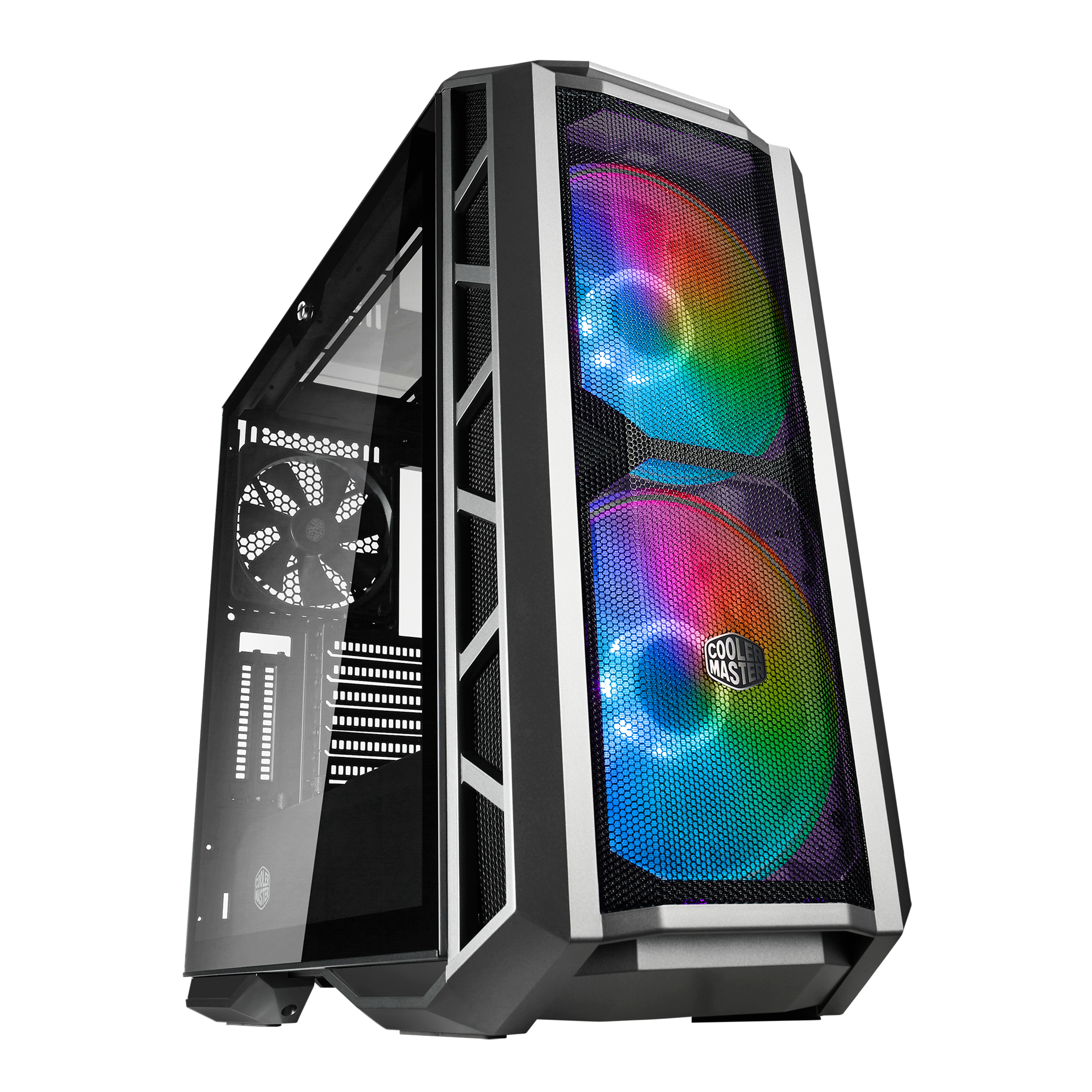 Obudowa komputera Cooler Master z wentylatorami i światłami RGB, widok z boku, białe tło.