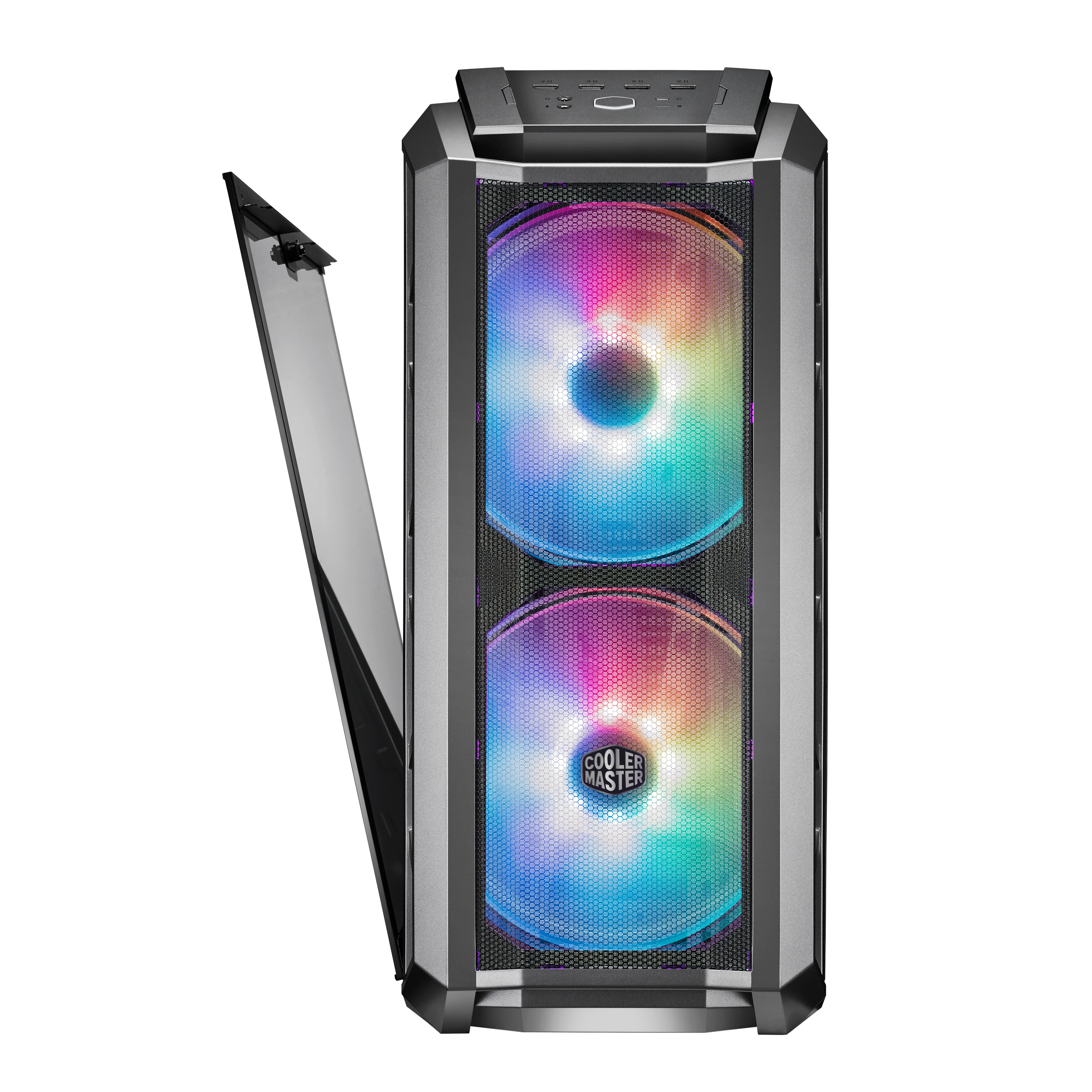 Obudowa komputera z dwoma kolorowymi wentylatorami i częściowo otwartym panelem bocznym.