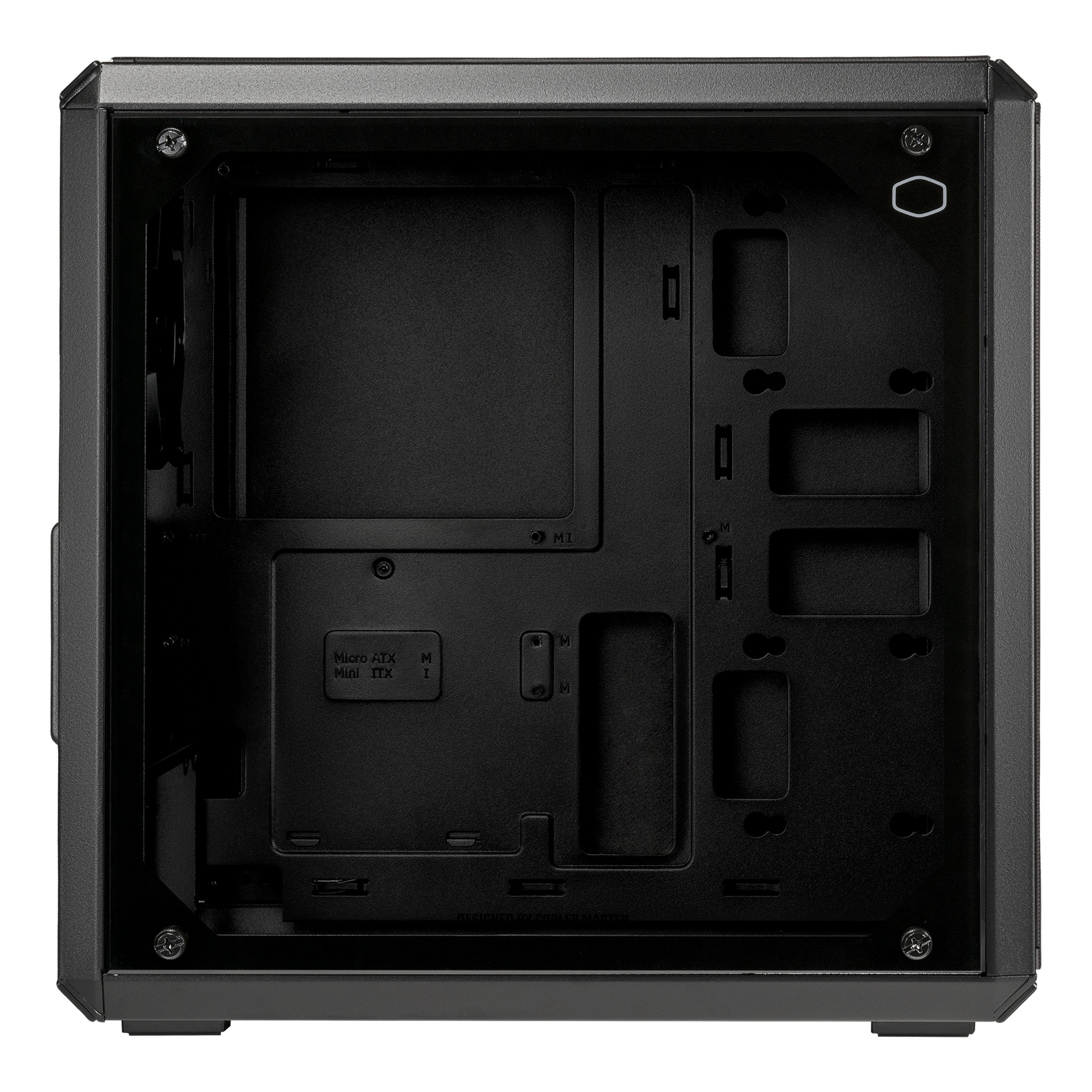 Interno del case del computer nero. L'interno è aperto, con spazio vuoto per i componenti. Ha un telaio nero.
