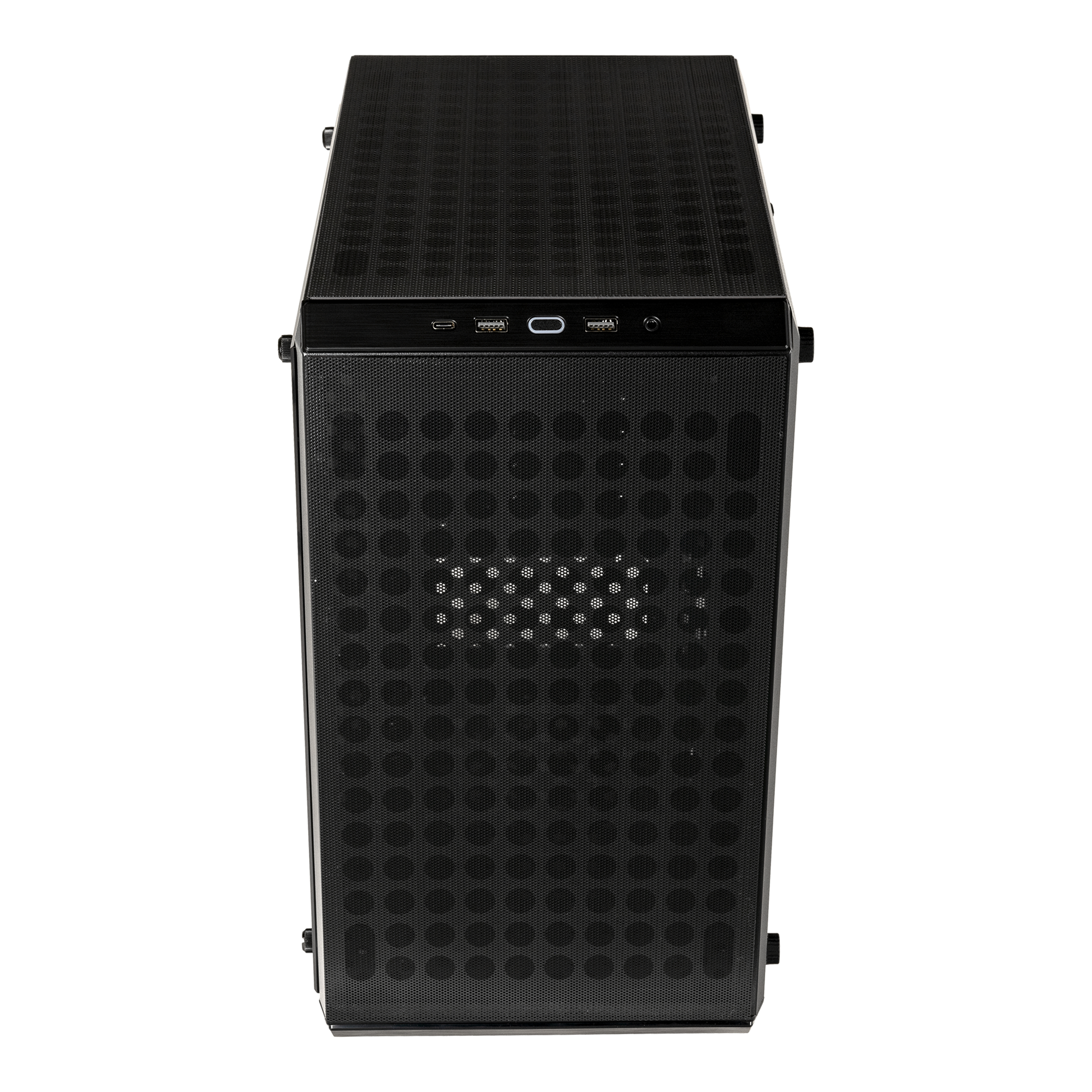 Case per computer nero con pannello frontale a rete e pannello superiore nero su sfondo bianco.
