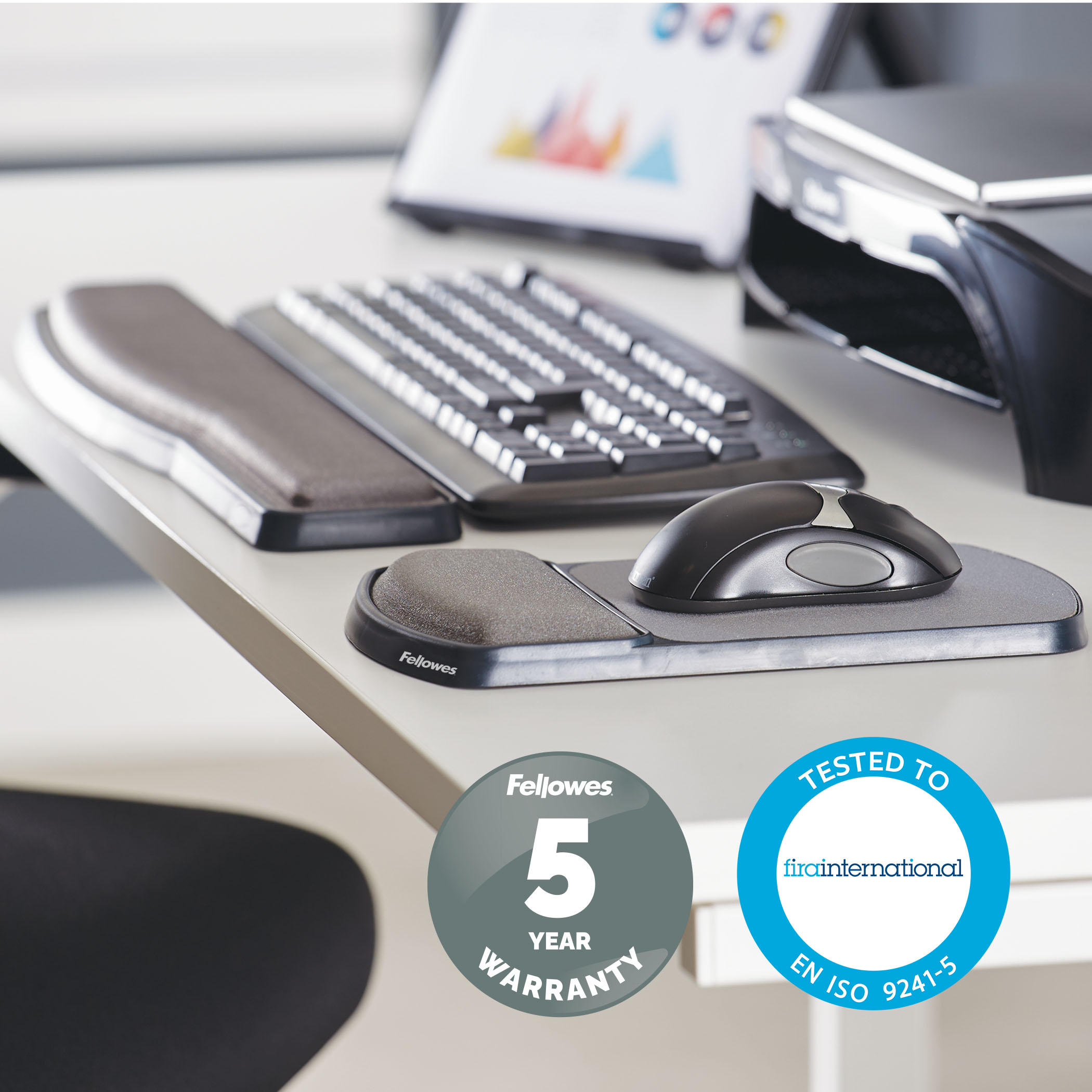 Configuración de escritorio con teclado, ratón y reposamuñecas. Logotipos de Fellowes y garantía.