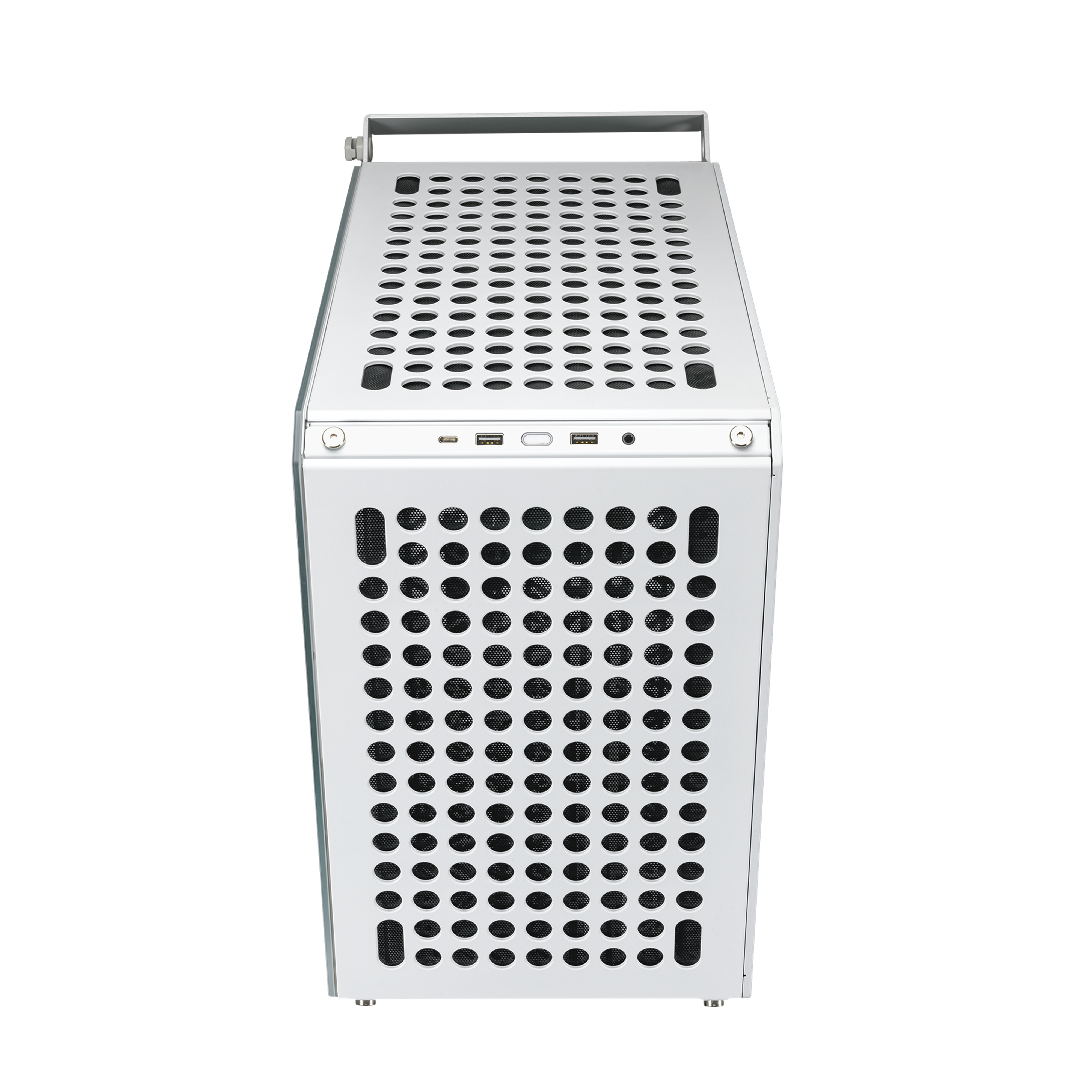 Case per computer argentato con frontale e parte superiore perforati. Porte USB multiple.