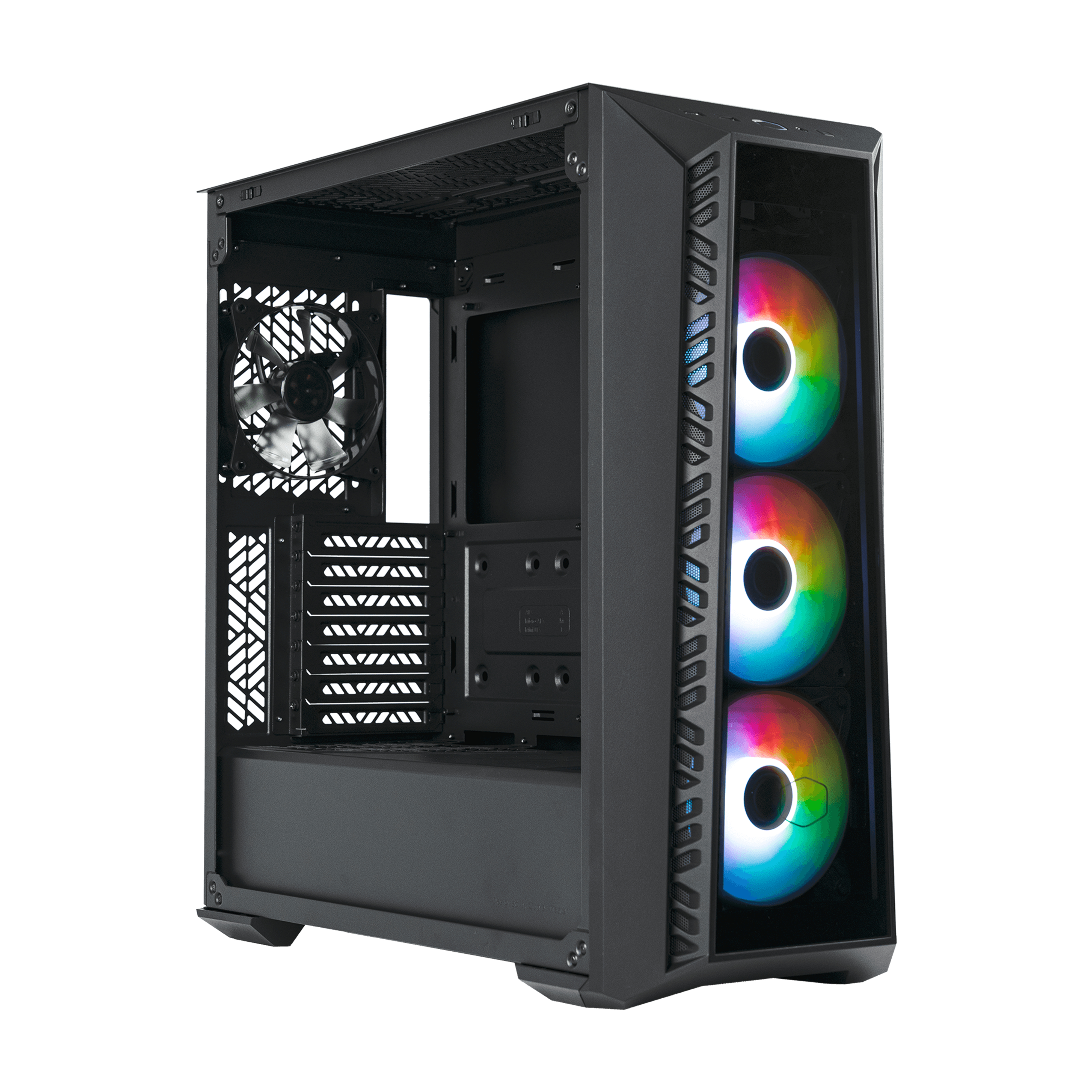 Case per computer nero con tre ventole. Le luci RGB illuminano le ventole.