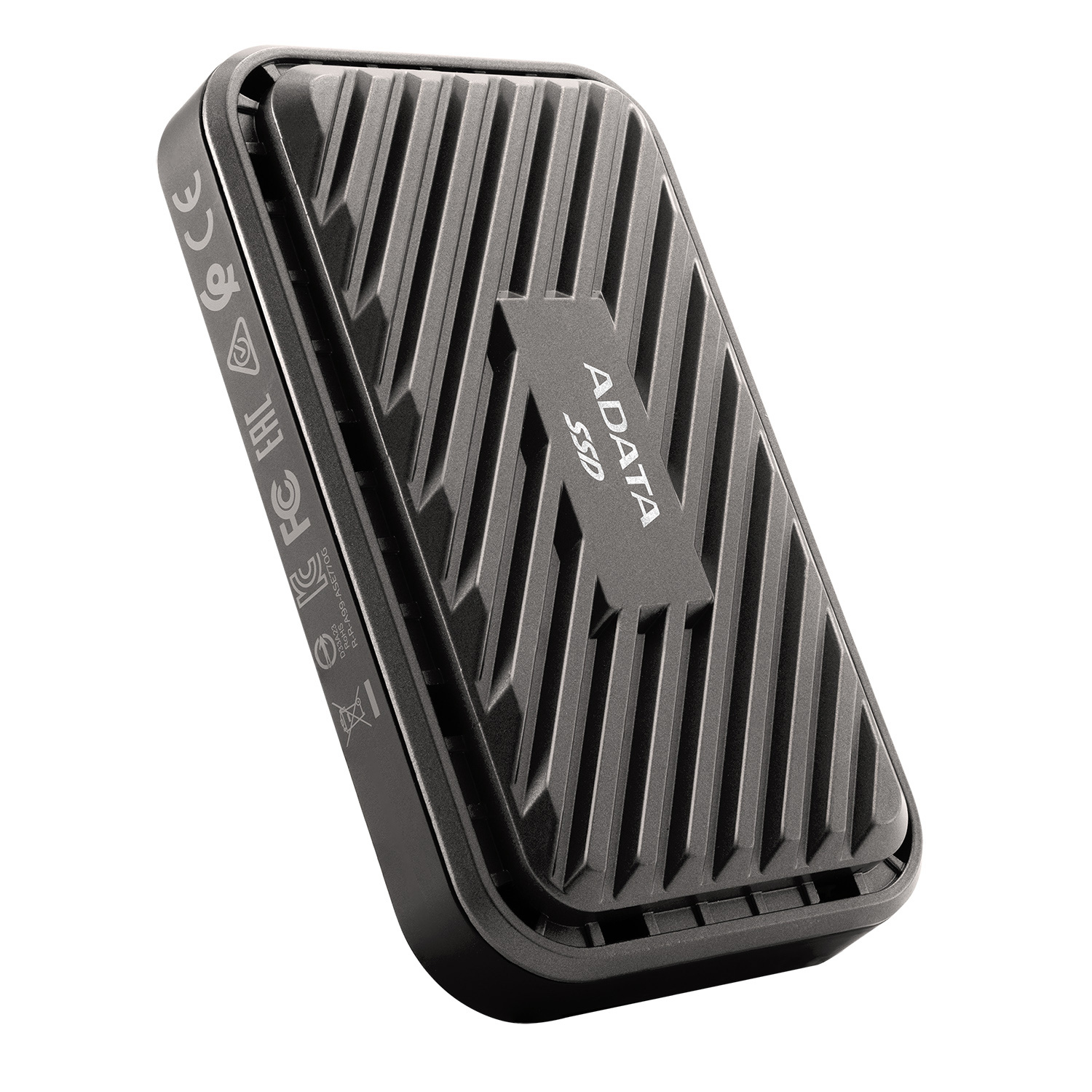 Unità SSD ADATA nera con superficie a coste e logo ADATA.
