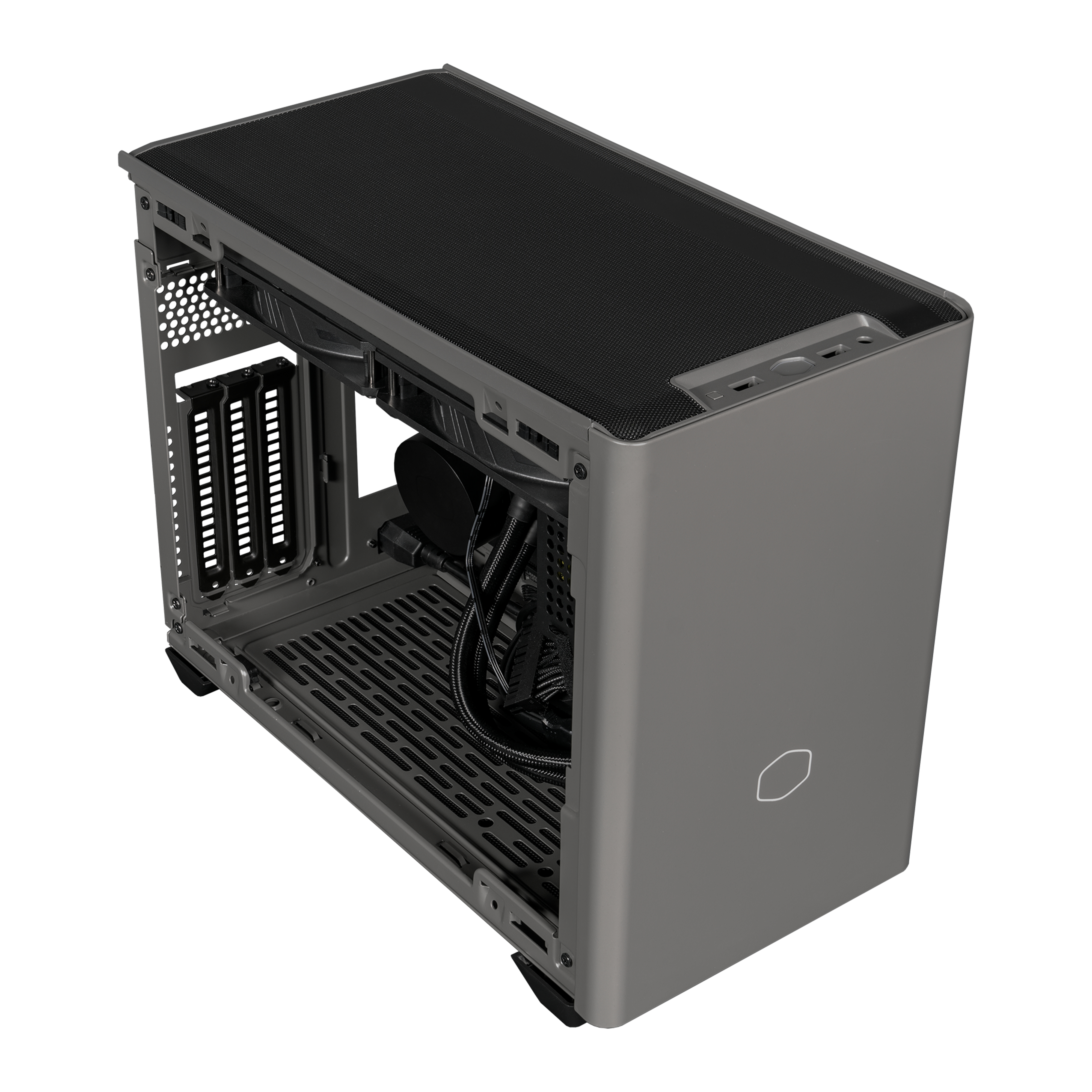 Een grijze computerkast met interne componenten zichtbaar. Het staat op een witte achtergrond.