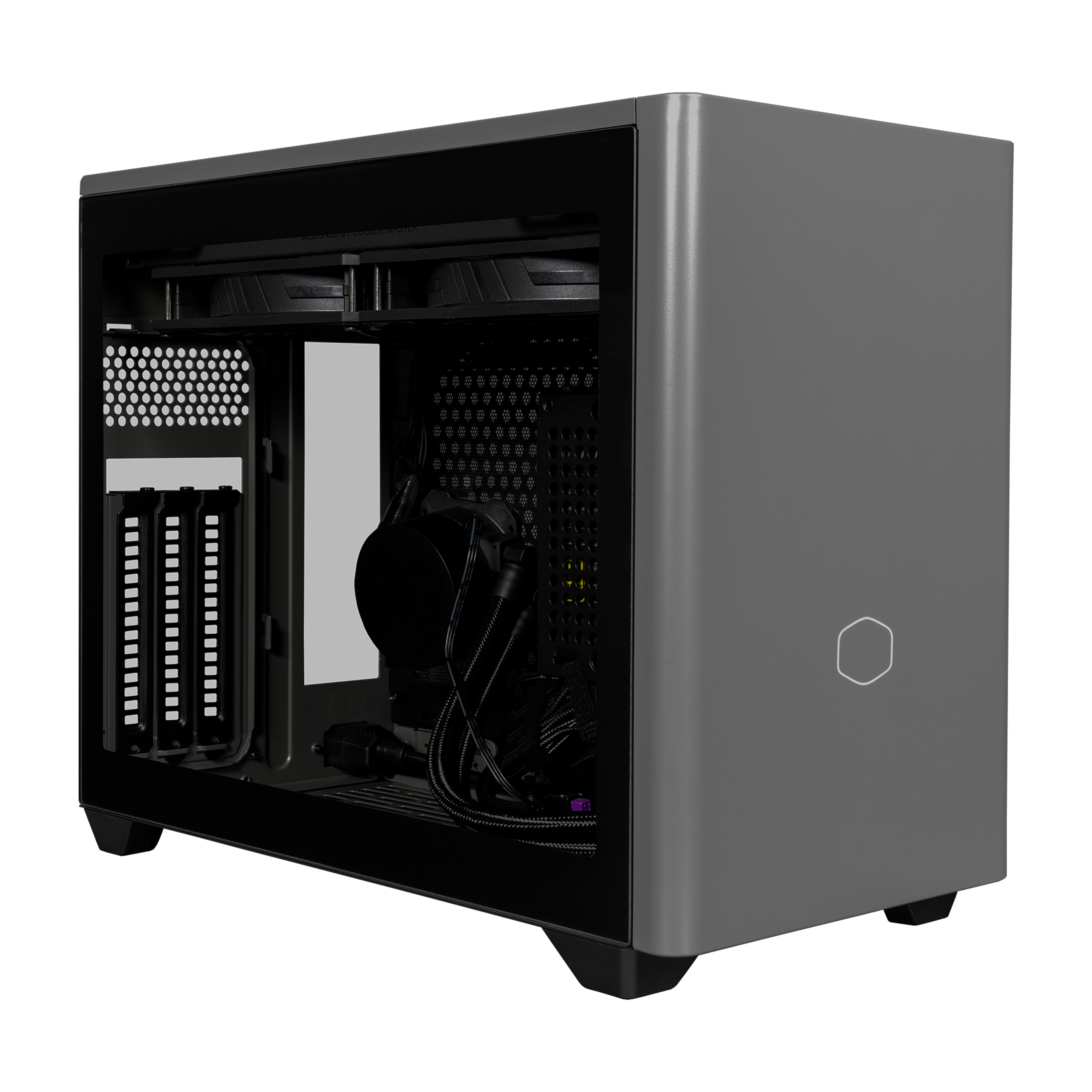 Grijze computerkast met een glazen zijpaneel. Interne componenten zijn zichtbaar.