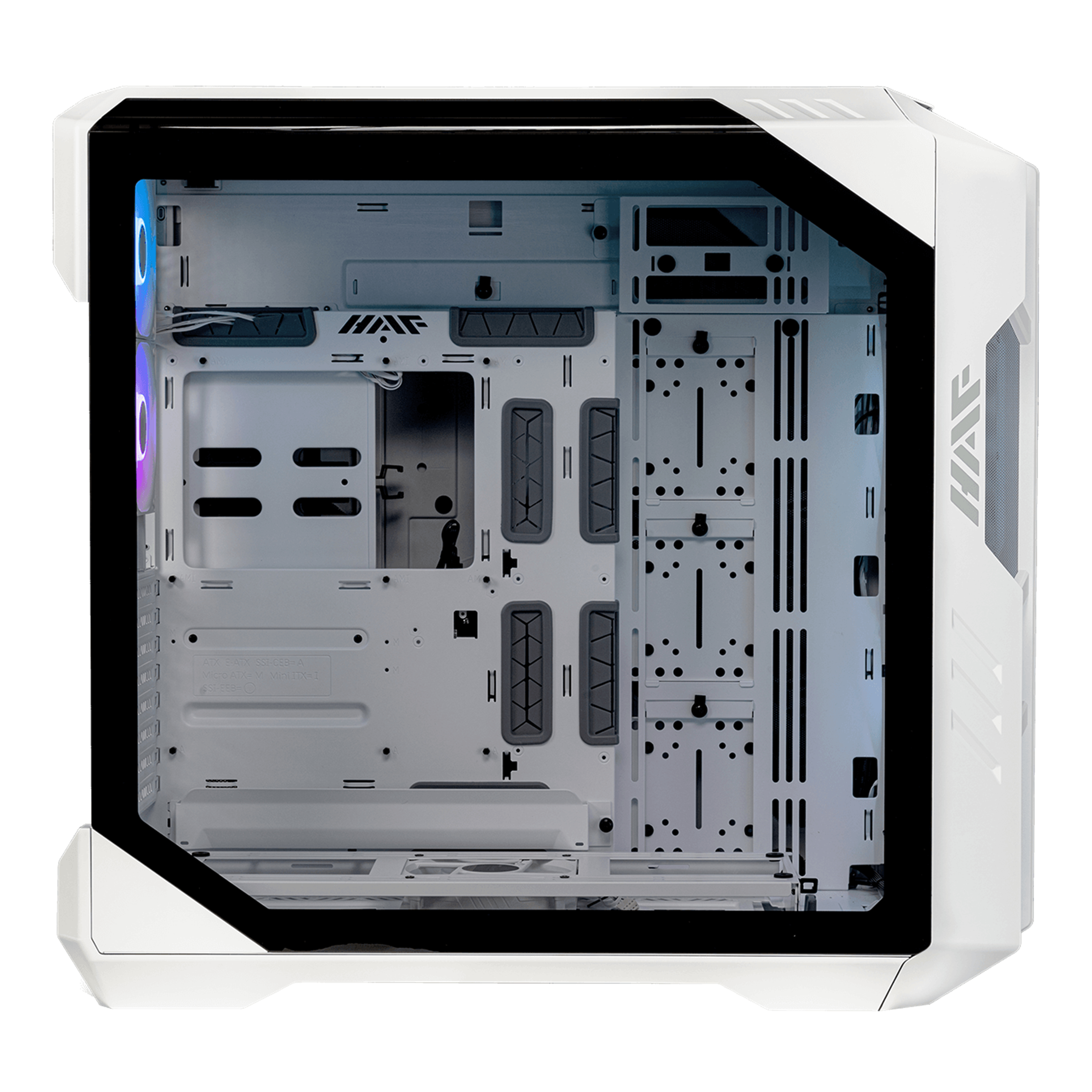 Vista interna del case bianco del computer con componenti e lato in vetro.