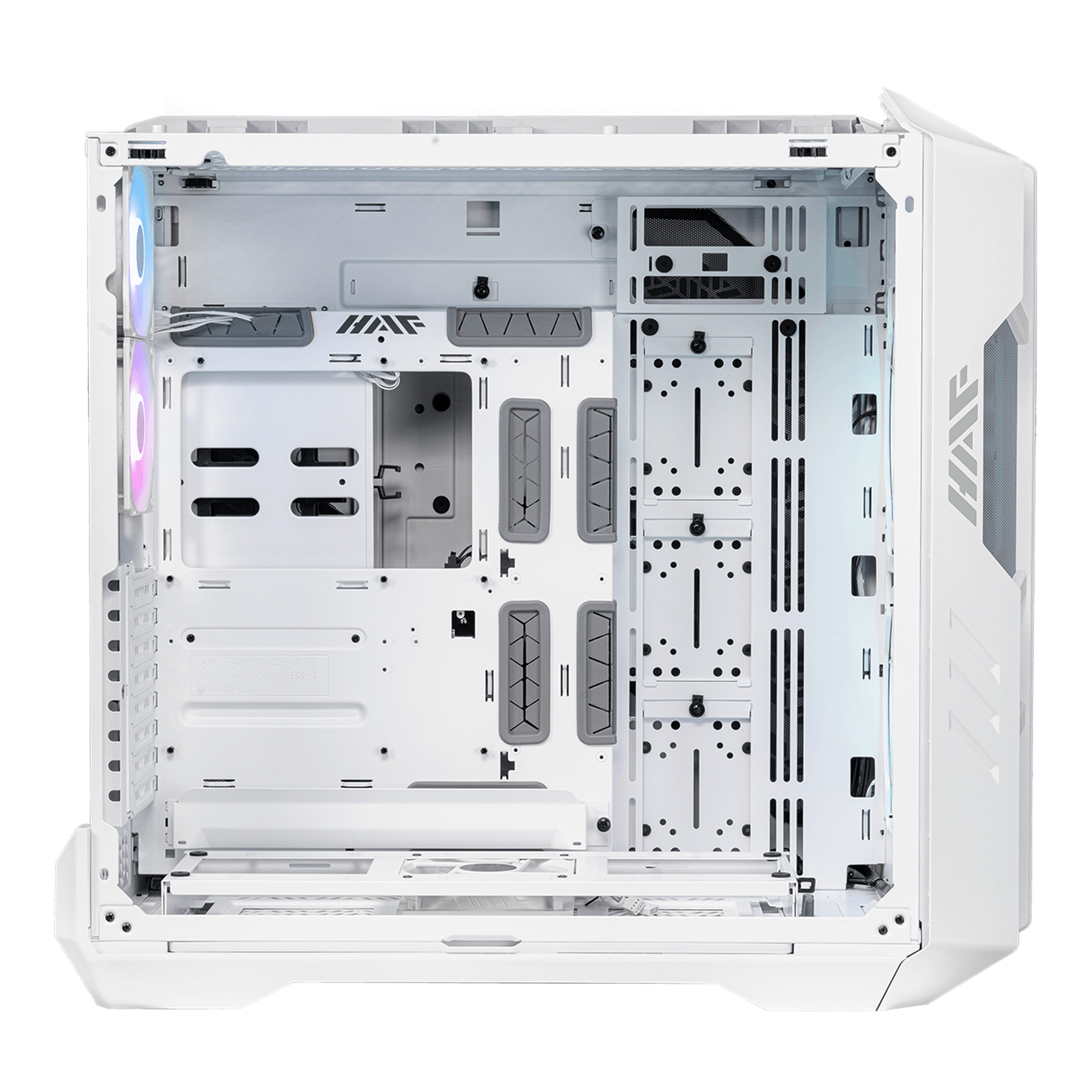 Interno di case per computer bianco, aperto, con varie strutture.
