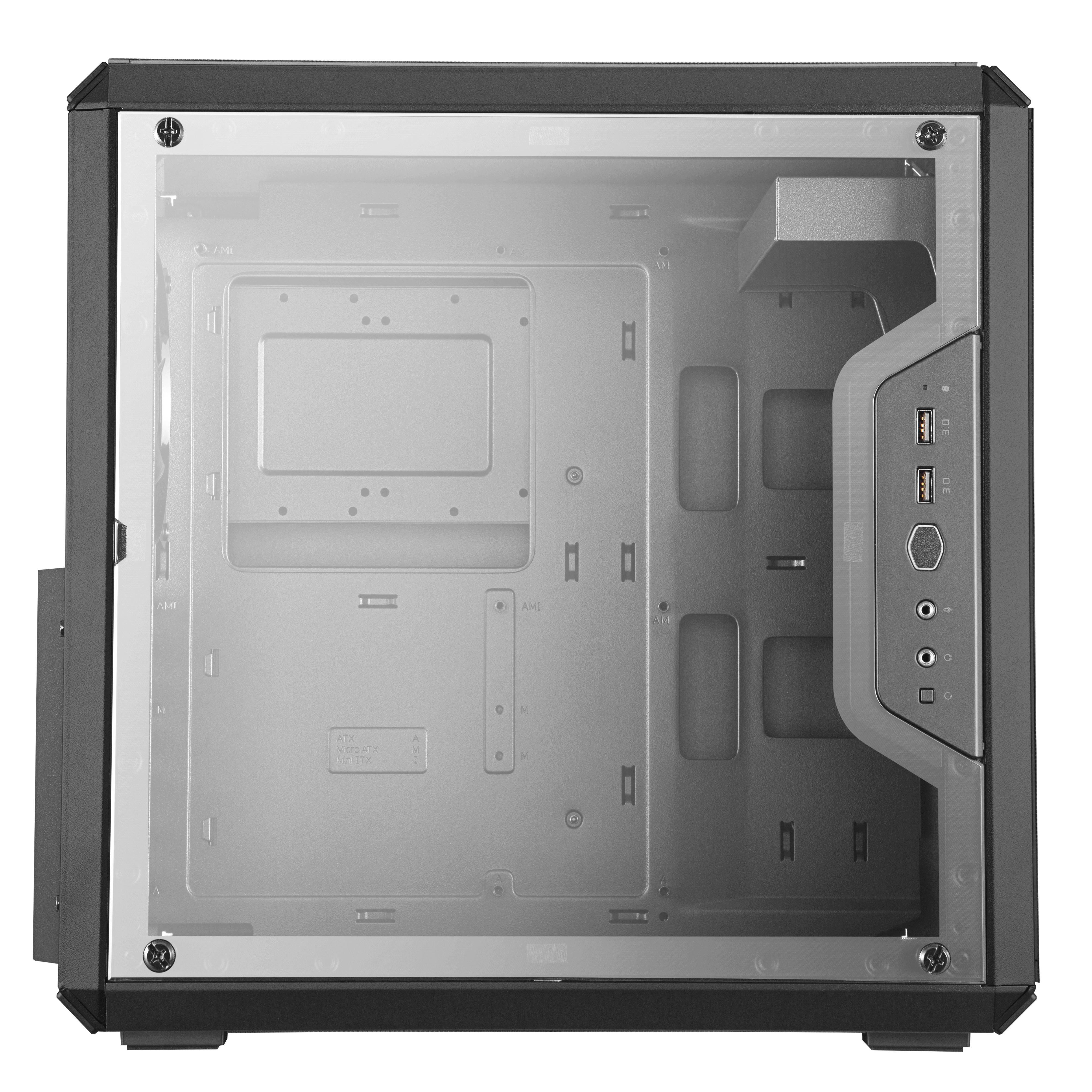 Ein Computergehäuse, offen, mit Glas-Seitenwand, zeigt Innenkomponenten und Anschlüsse an der Seite.