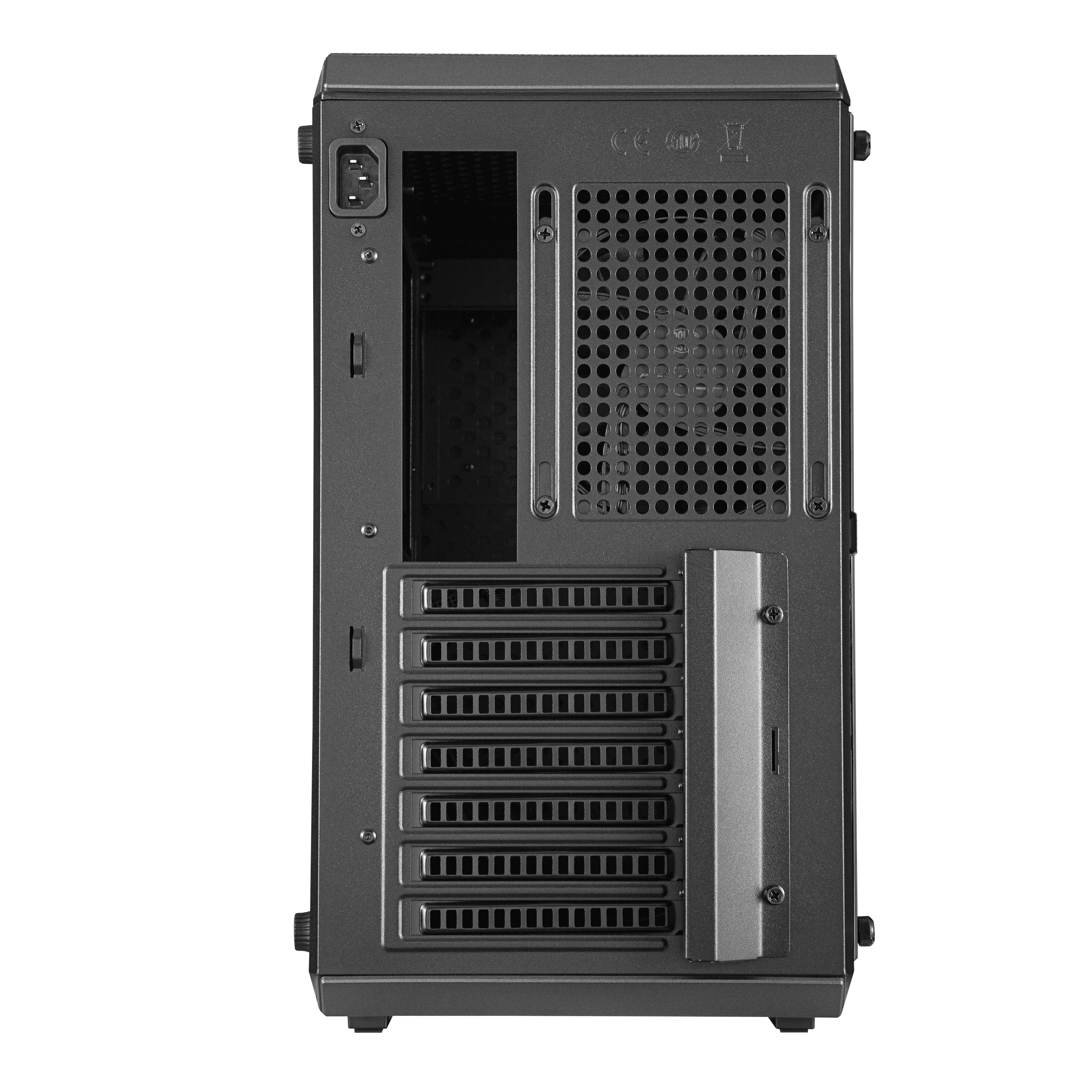 Rückseite eines schwarzen Computergehäuses. Schwarzer Hintergrund.