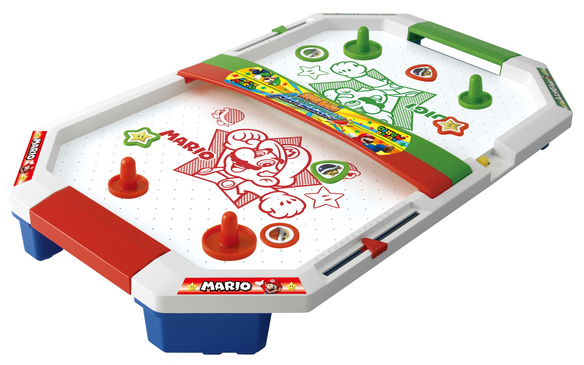 Mario and Luigi air hockey table. Red, green, white and blue colors.