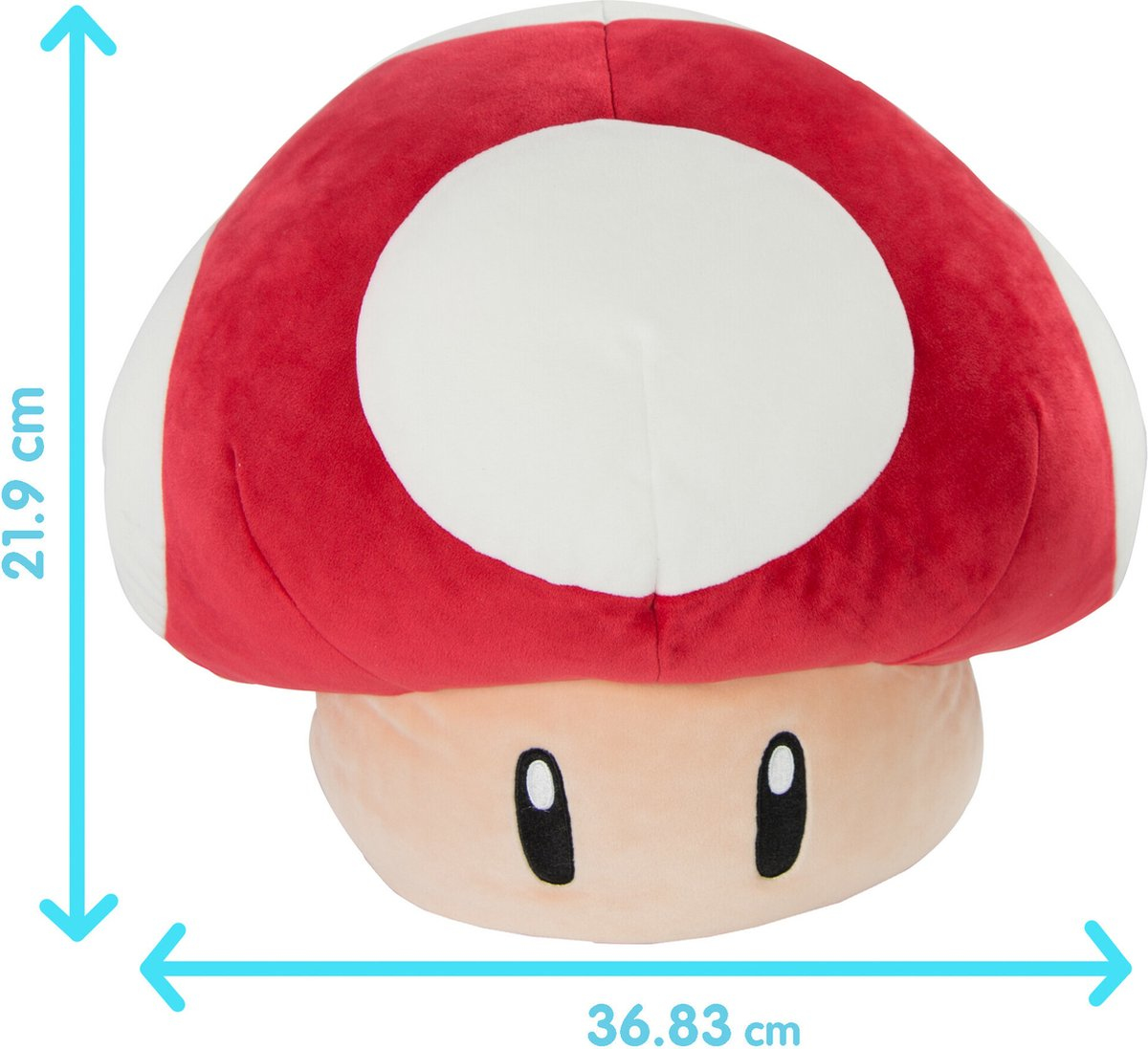 Un grande peluche a forma di fungo rosso e bianco con occhi neri e base beige.