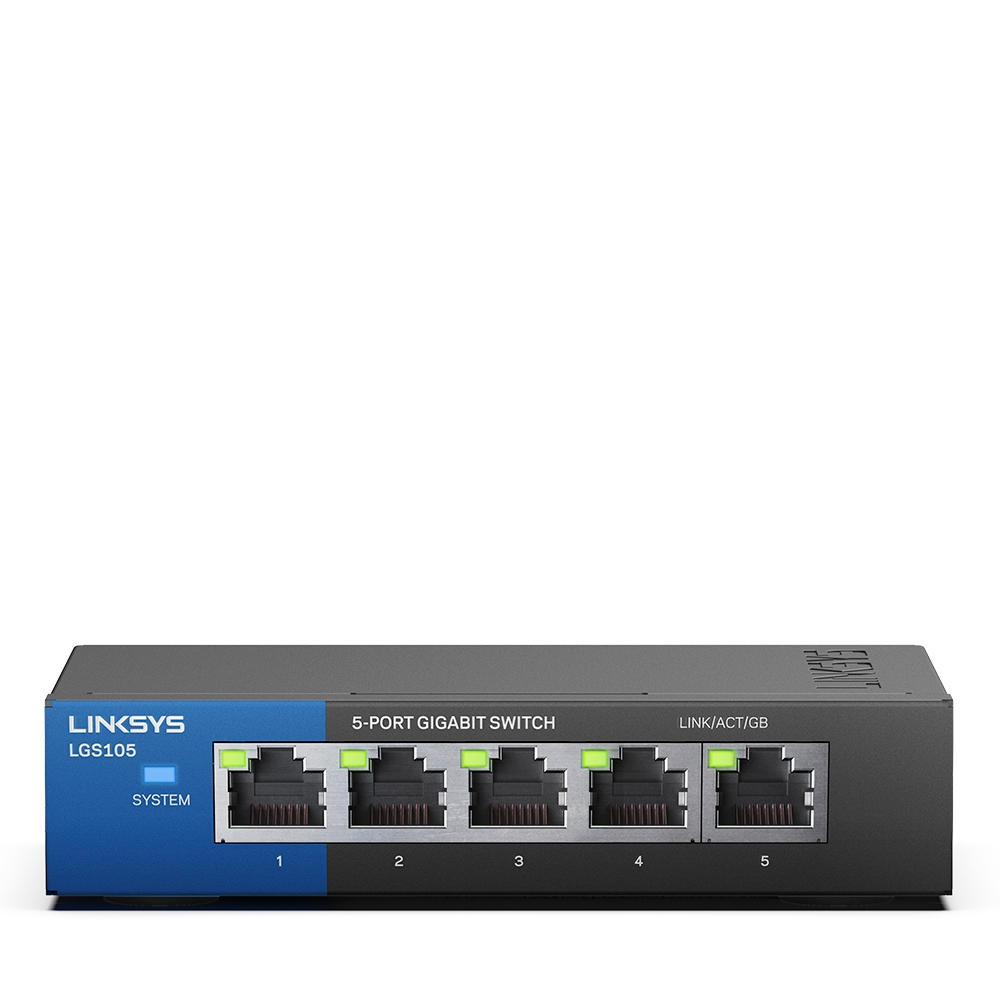 Un commutateur gigabit 5 ports Linksys noir et bleu. L'avant affiche les ports et les indicateurs système.