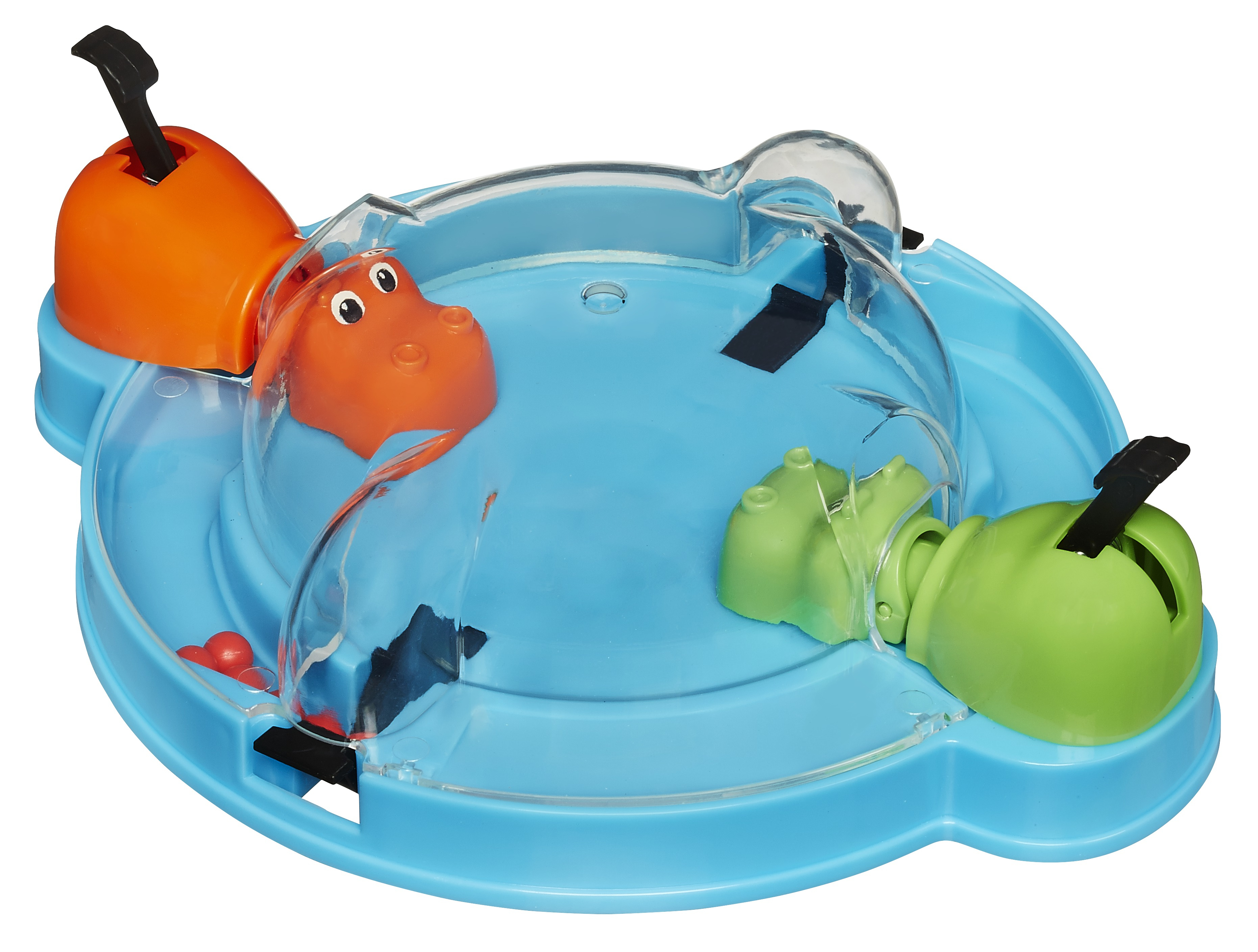 Hungry Hungry Hippos Spiel. Blaue Basis mit orangen, grünen Nilpferden. Rote und schwarze Kugeln.