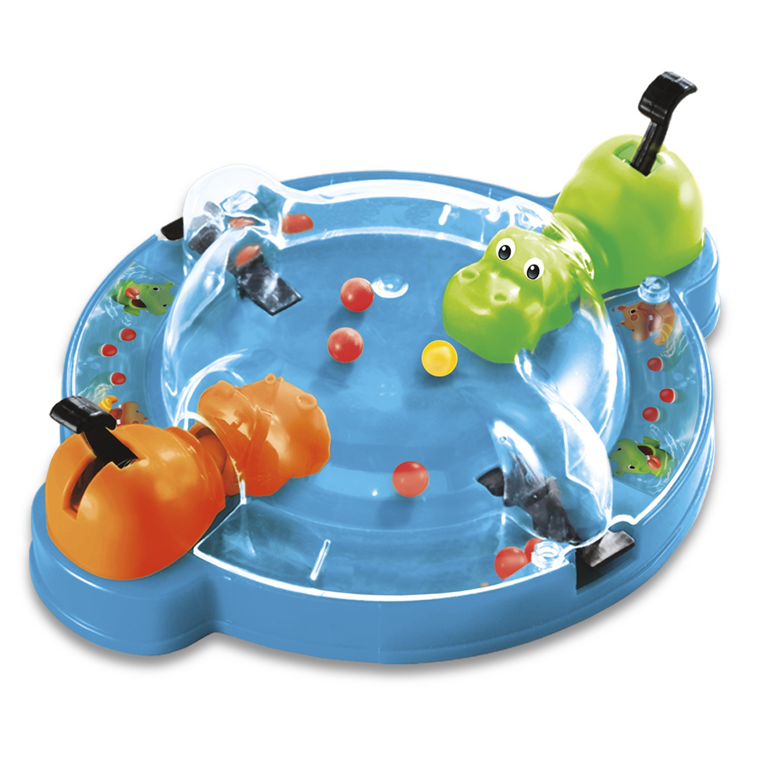 Ein blaues Plastikspiel mit Nilpferden und Bällen. Mit orangenen und grünen Nilpferden, roten und gelben Bällen.