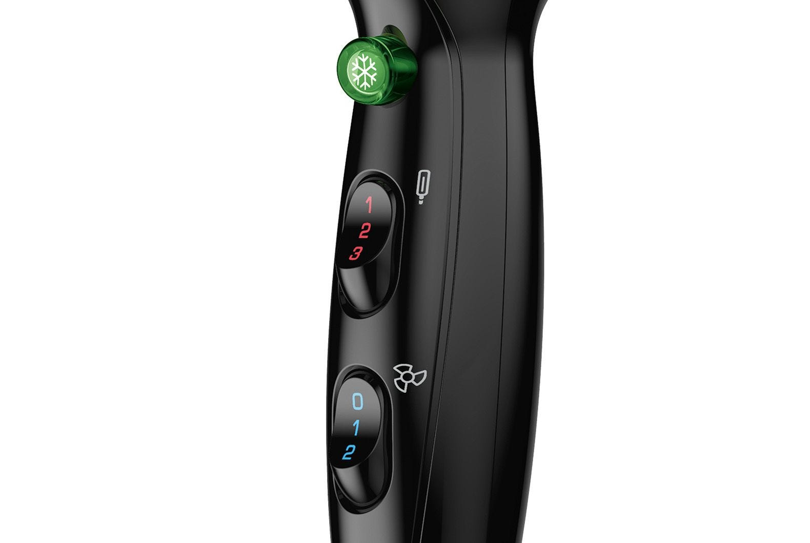 Zbliżenie czarnej suszarki do włosów. Ma przyciski z numerami i symbolami oraz zielone pokrętło.