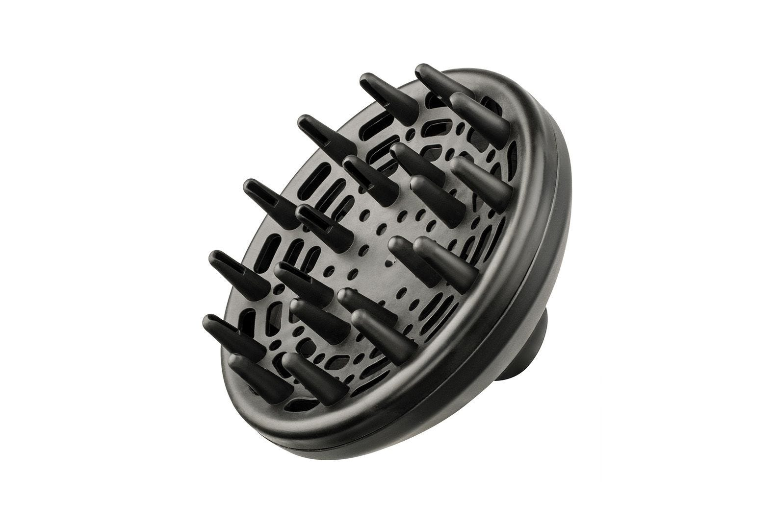 Czarny dyfuzor do suszarki do włosów na białym tle, widok z kąta.