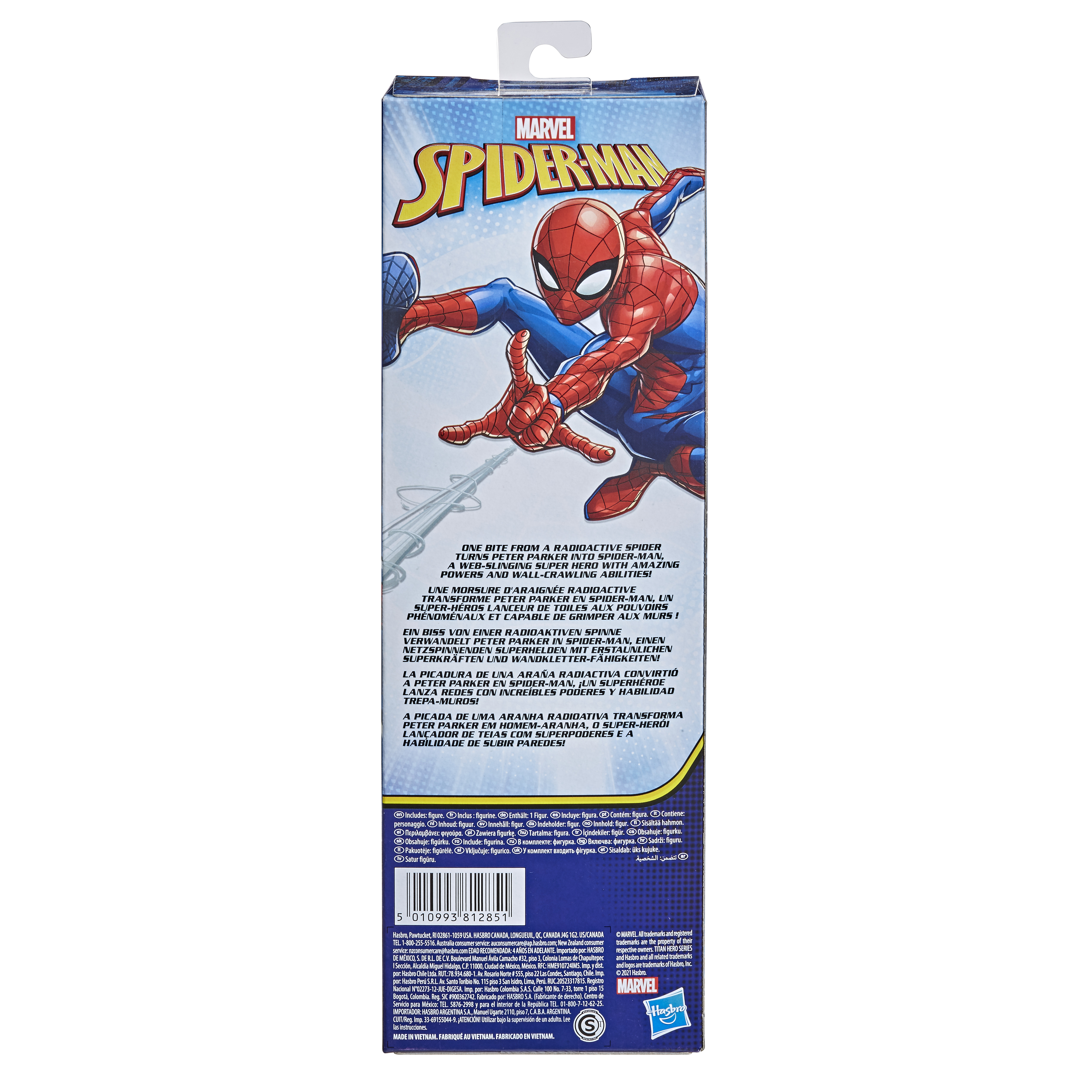Tył pudełka z zabawką Marvel Spider-Man. Pokazuje Spider-Mana i informacje o produkcie.
