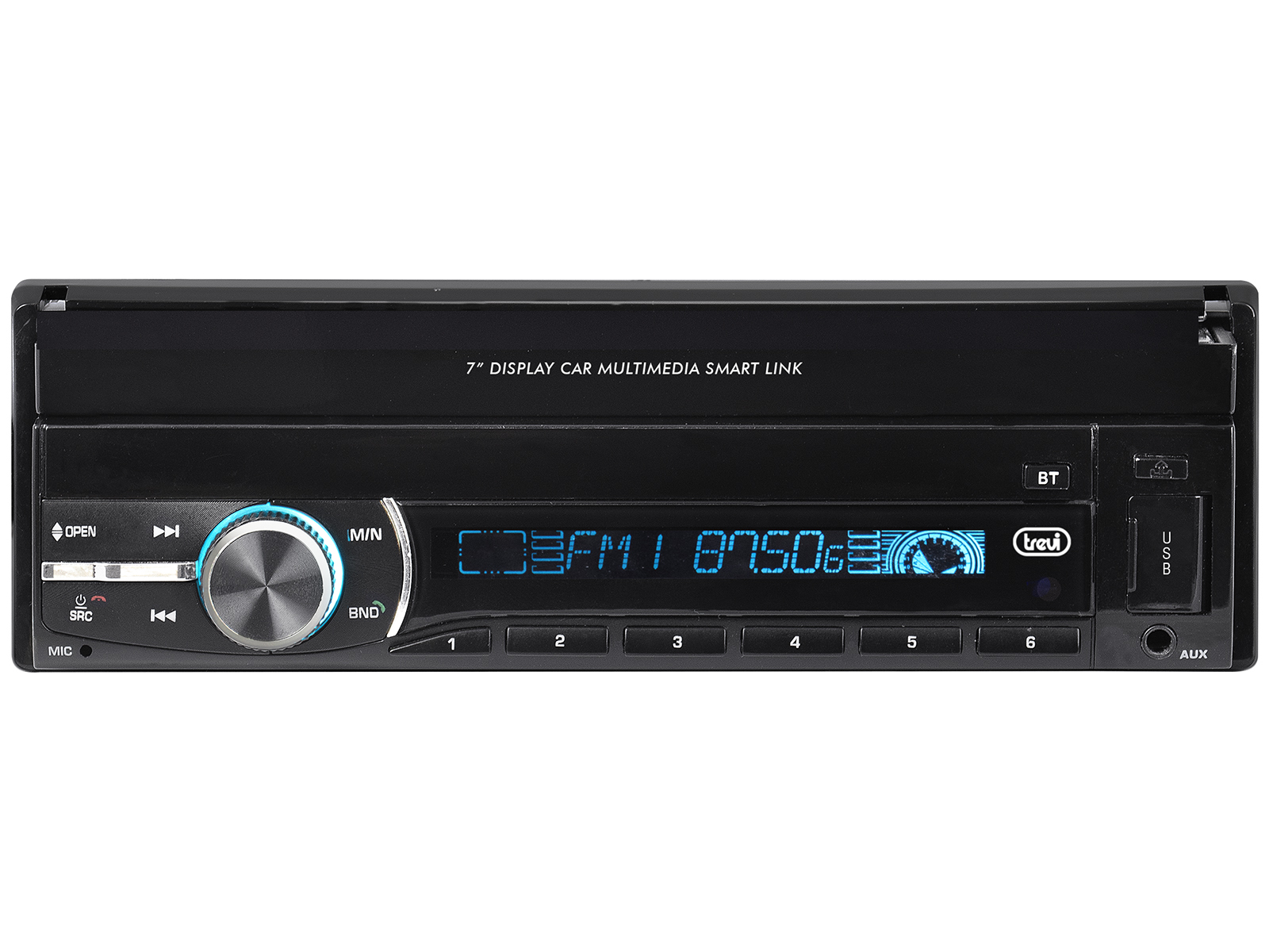 Czarny wyświetlacz smart link multimediów samochodowych z przyciskami i ekranem pokazującym informacje radiowe.