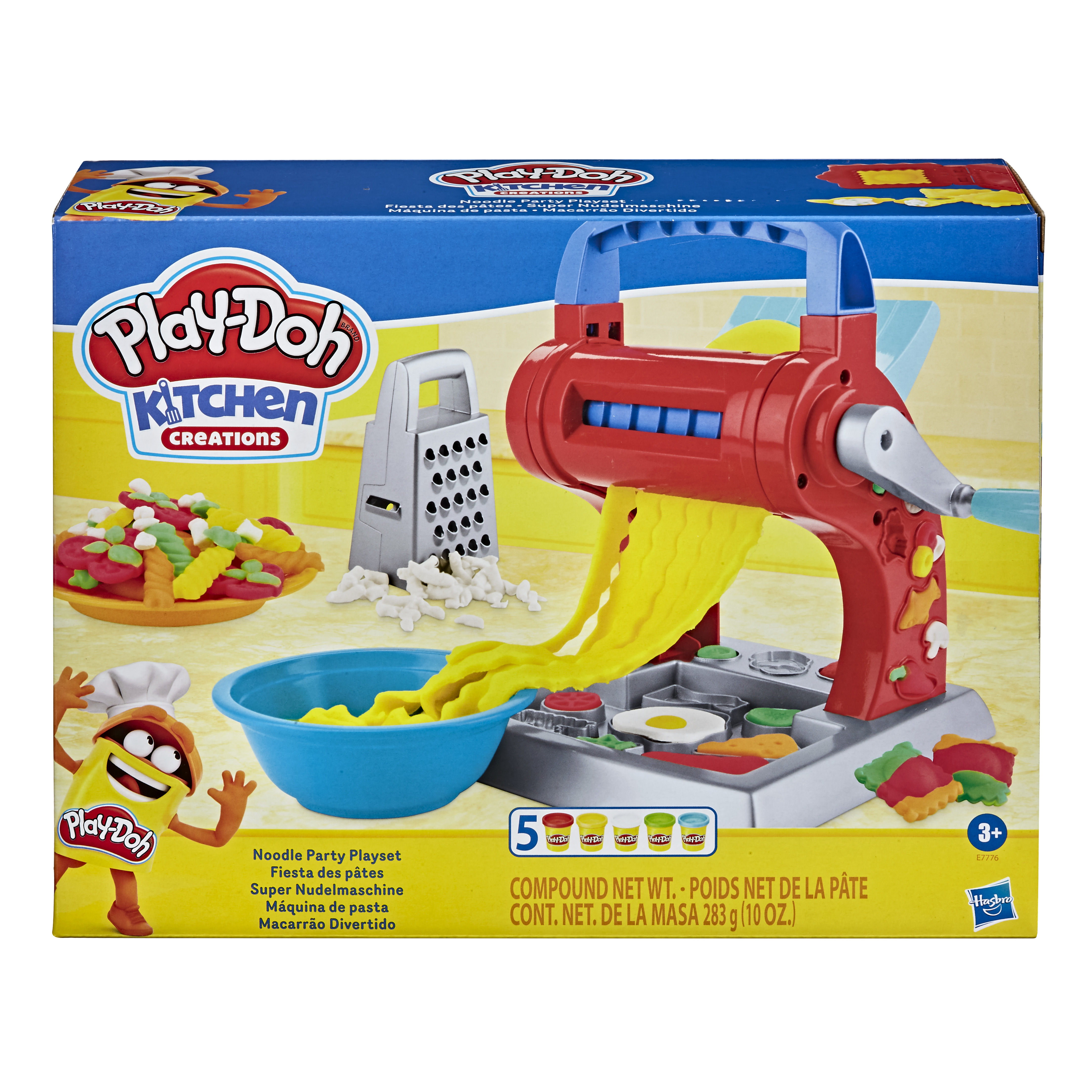 Caja de Play-Doh Kitchen Creations, con una máquina de fideos roja y plastilina colorida.