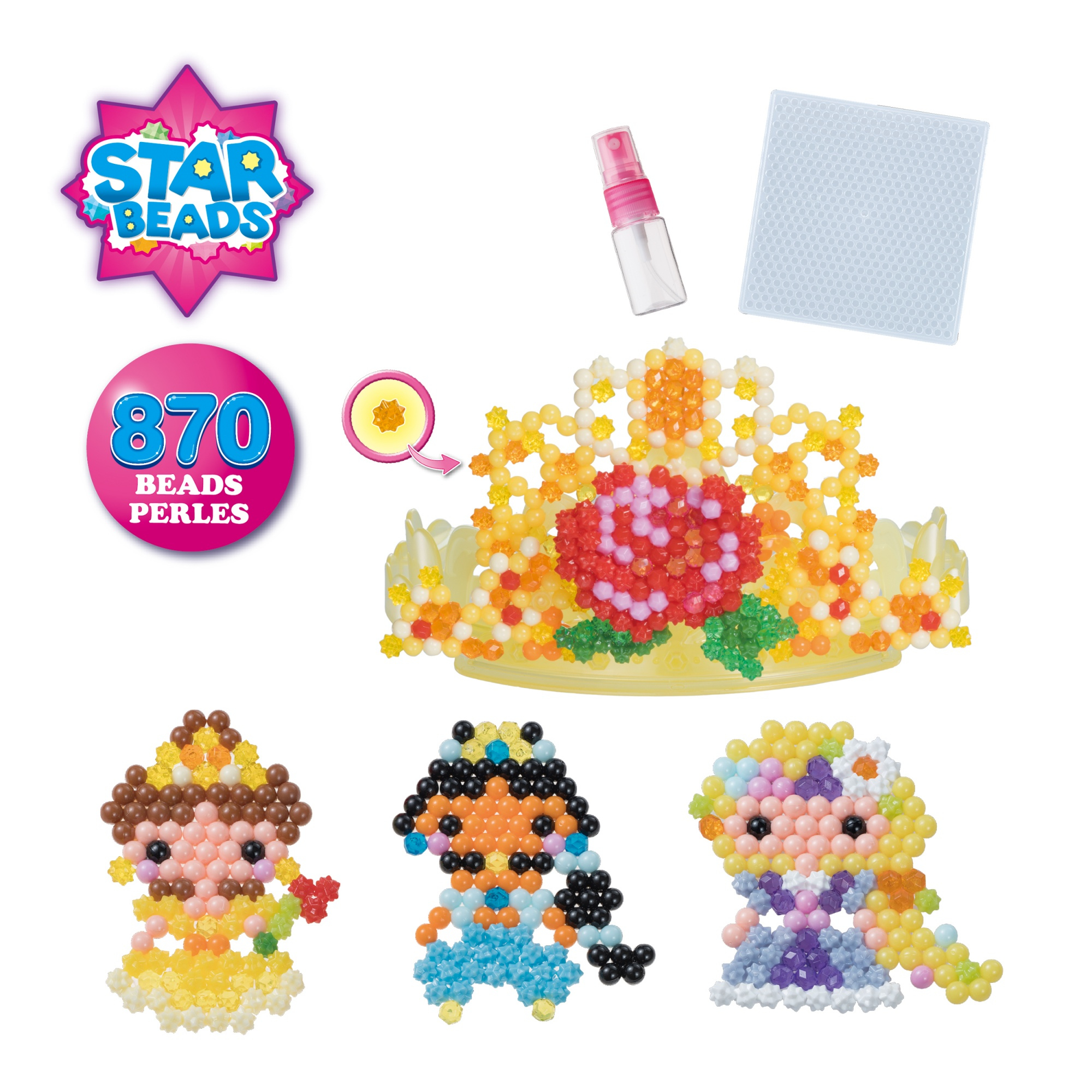 Un kit Star Beads con perline, statuette di principesse e un modello di corona, con un flacone spray.